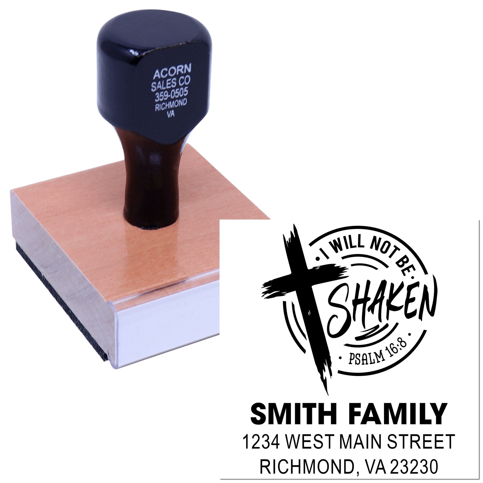 Custom Christian return address rubber stamp with I Will Not Be Shaken Psalm 16:8 design for family mail.