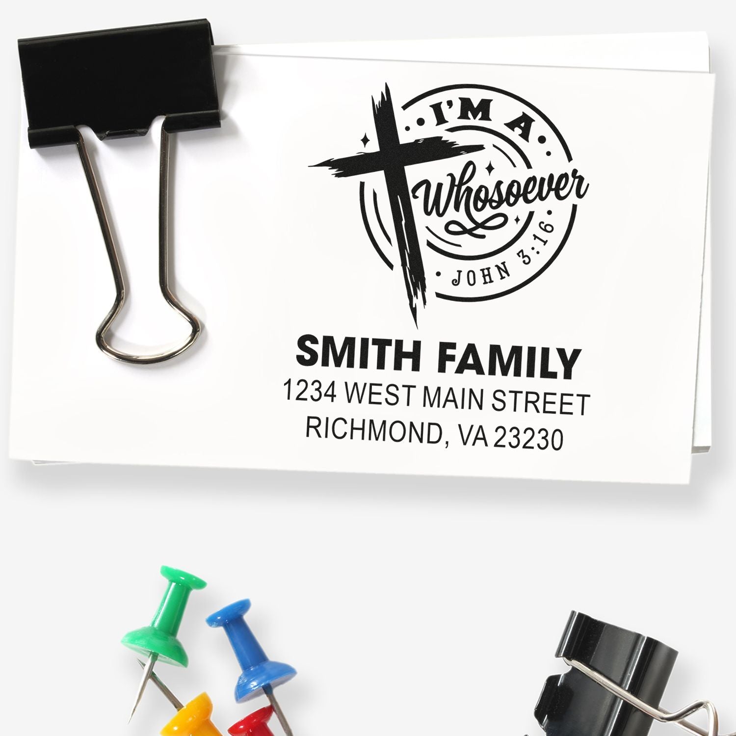 Personalized church rubber stamp with cross design, Smith Family return address, and John 3:16 Im a Whosoever logo.