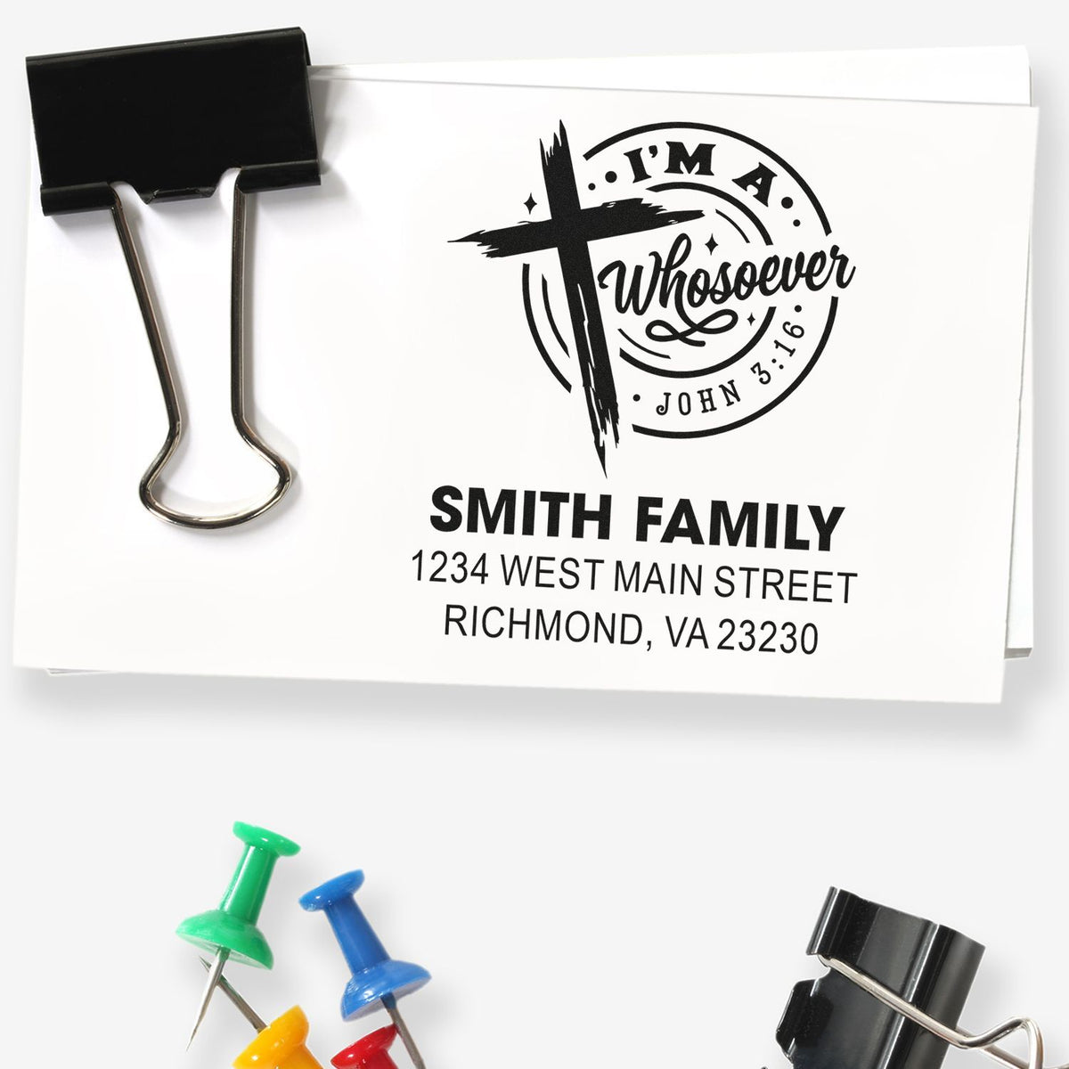 Custom Christian return address rubber stamp with cross, Smith family name, and Richmond, VA address
