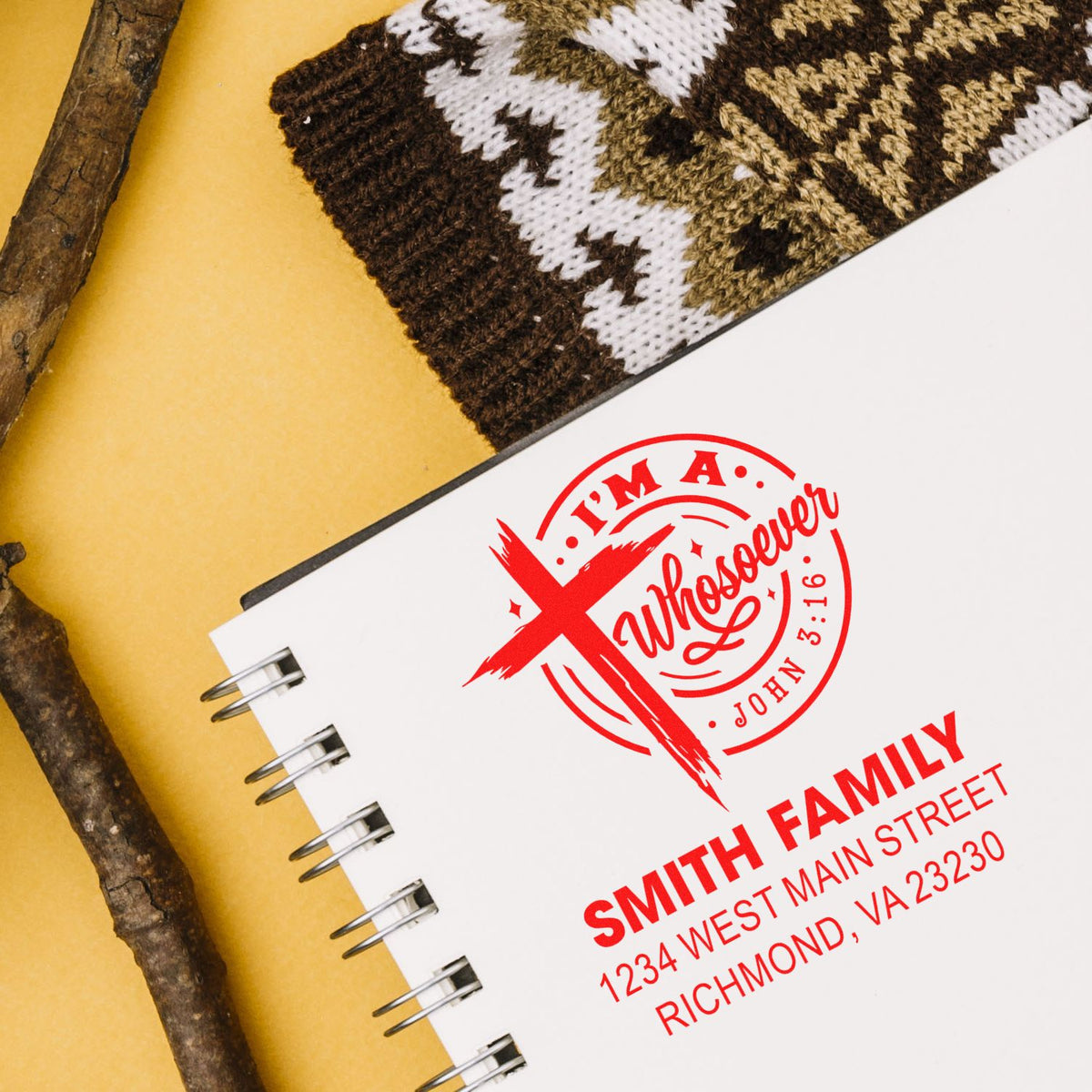 Personalized Christian return address rubber stamp with family name, address, and John 3:16 quote.