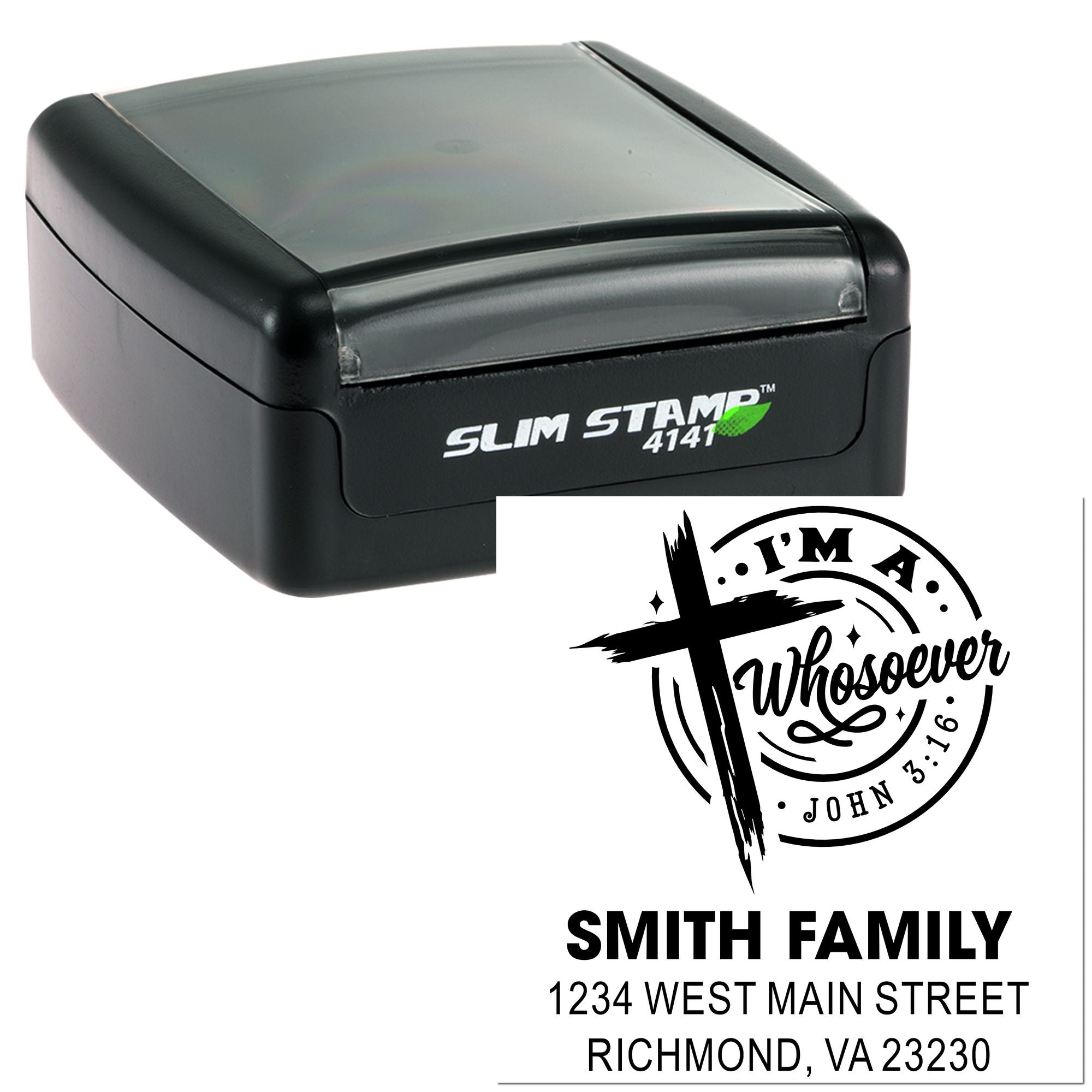 Slim self-inking rubber address stamp with custom family name, address, and cross design imprint