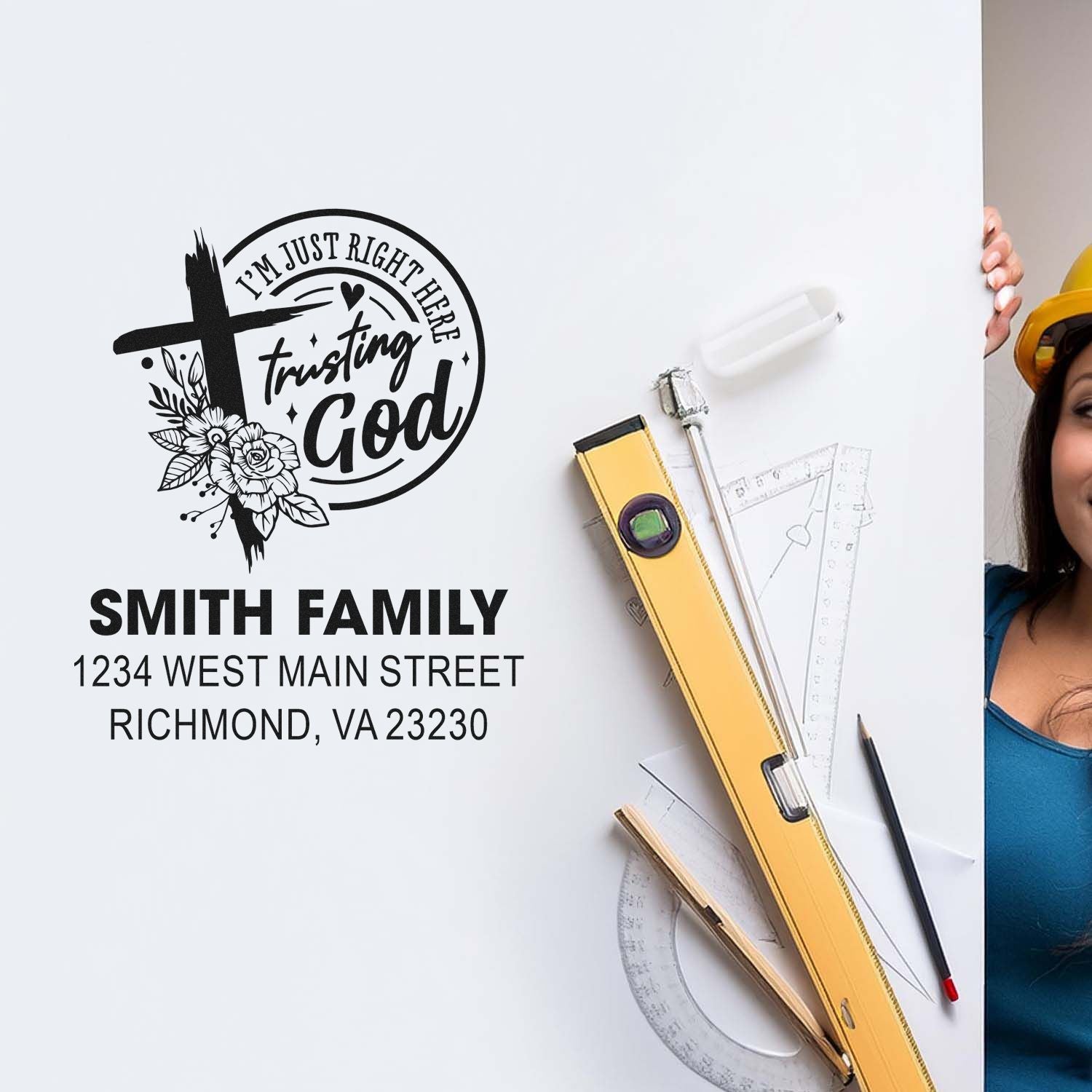 Custom Christian return address rubber stamp with "I'm just right here trusting God" design for Smith family, Richmond, VA