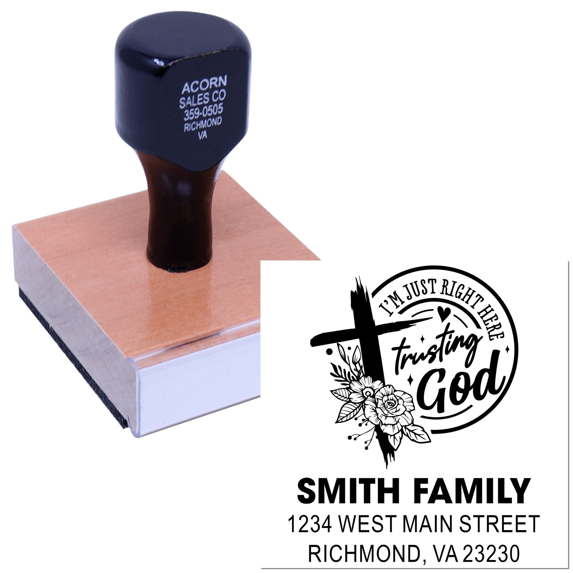 Custom rubber address stamp with faith-based family design for envelopes, featuring Smith Family name and Richmond, VA address.