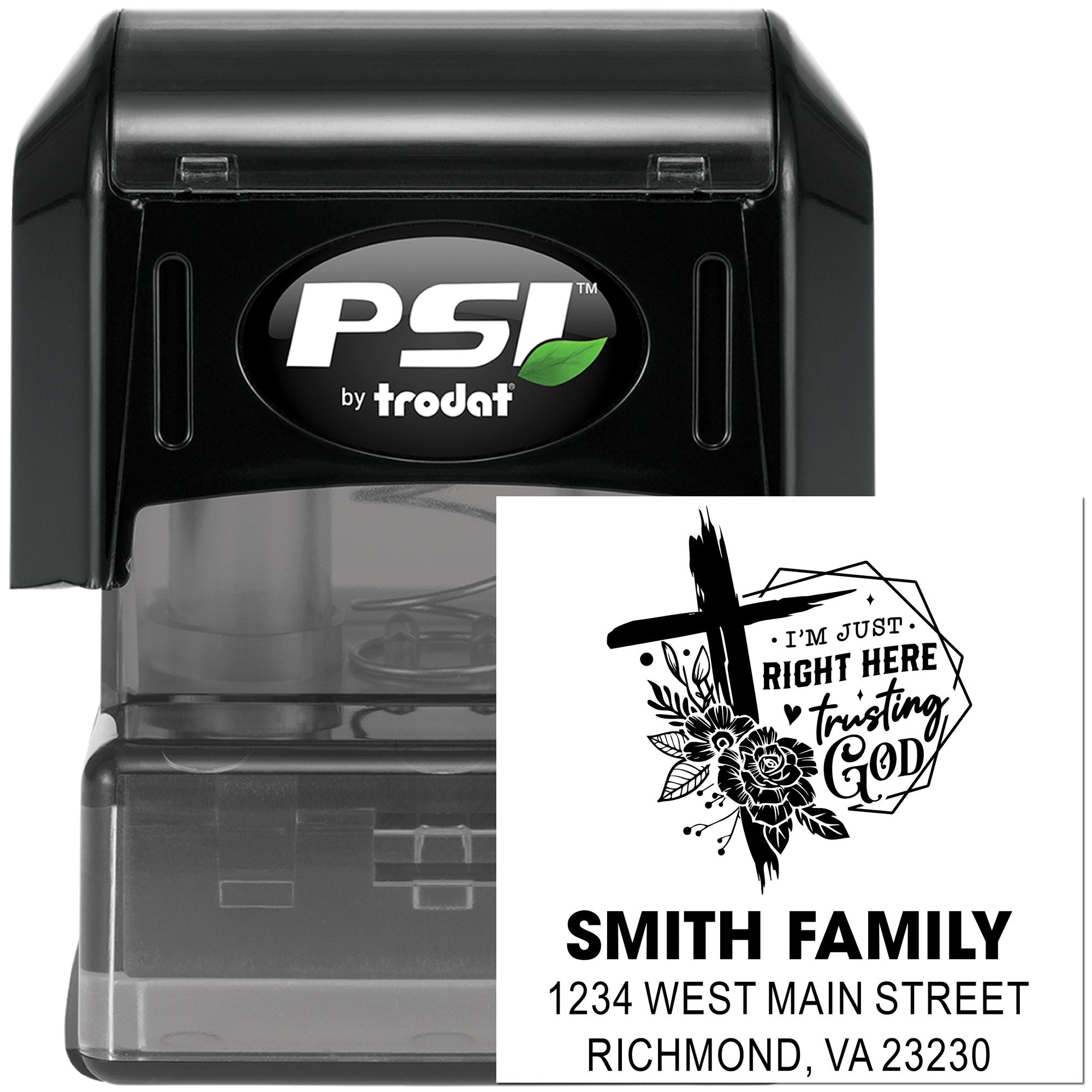 Custom self-inking rubber address stamp by PSI Trodat with Smith family name and faith-based return address design.