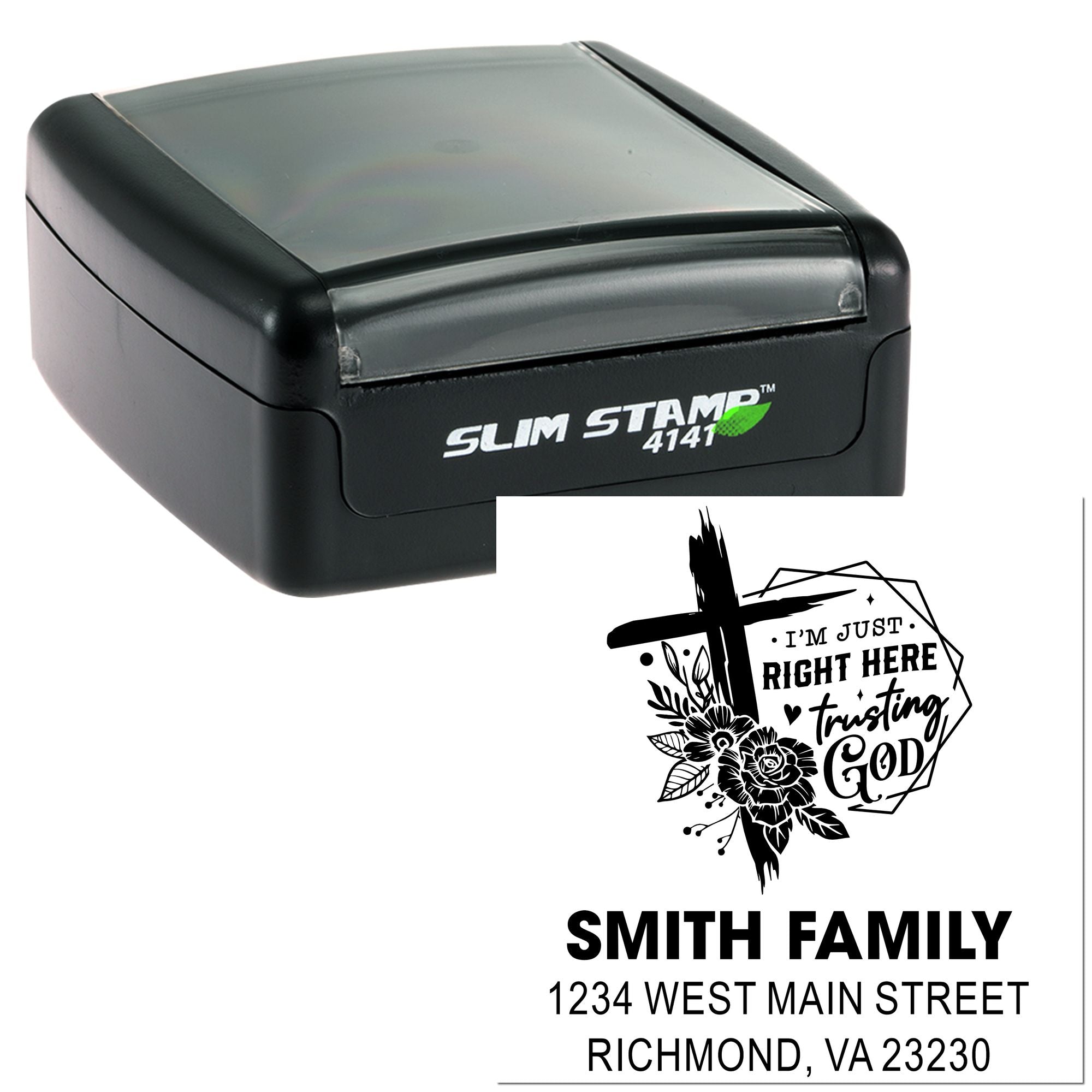 Custom Slim Stamp 4141 rubber stamp with personalized return address, family name, and faith-inspired floral design.