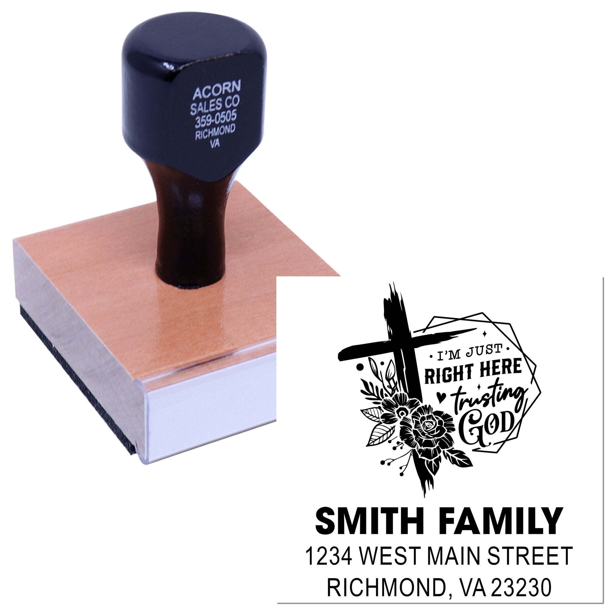 Custom rubber address stamp for Smith Family, Richmond VA 23230, with personalized faith-themed return address imprint.