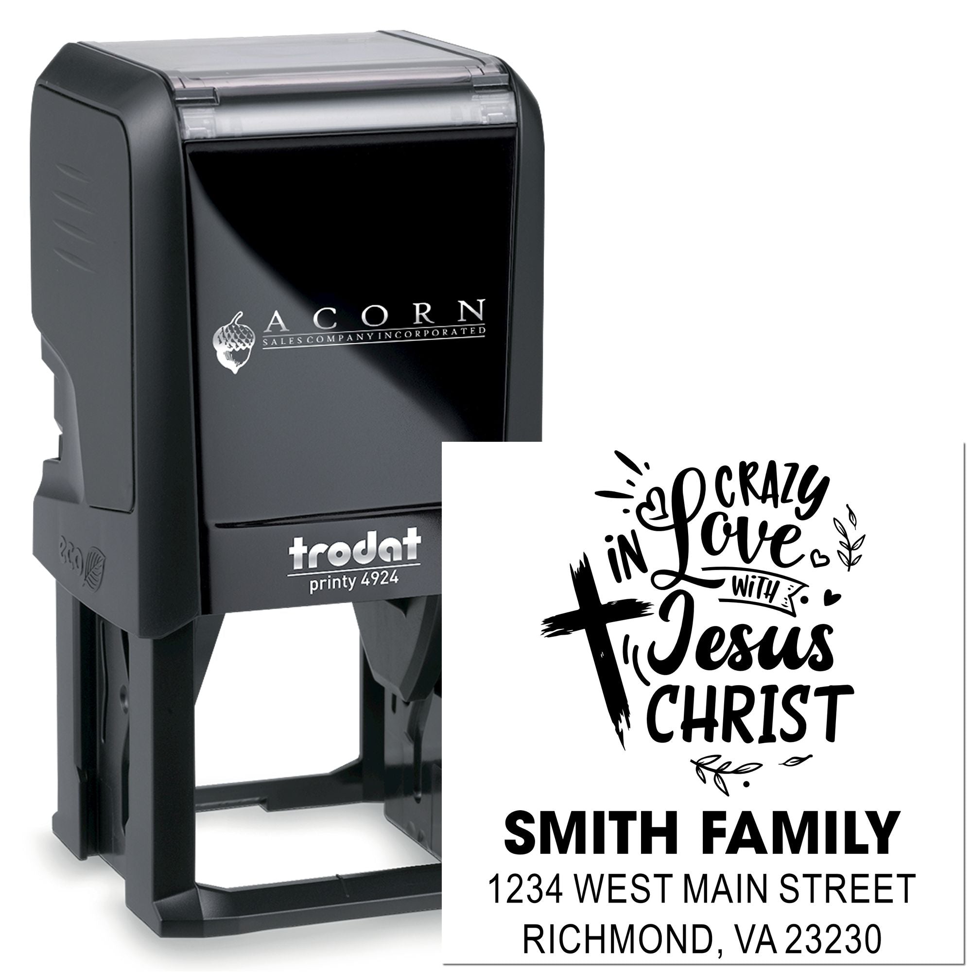 Trodat self-inking custom rubber stamp with Crazy in Love with Jesus Christ design, family name, and return address.