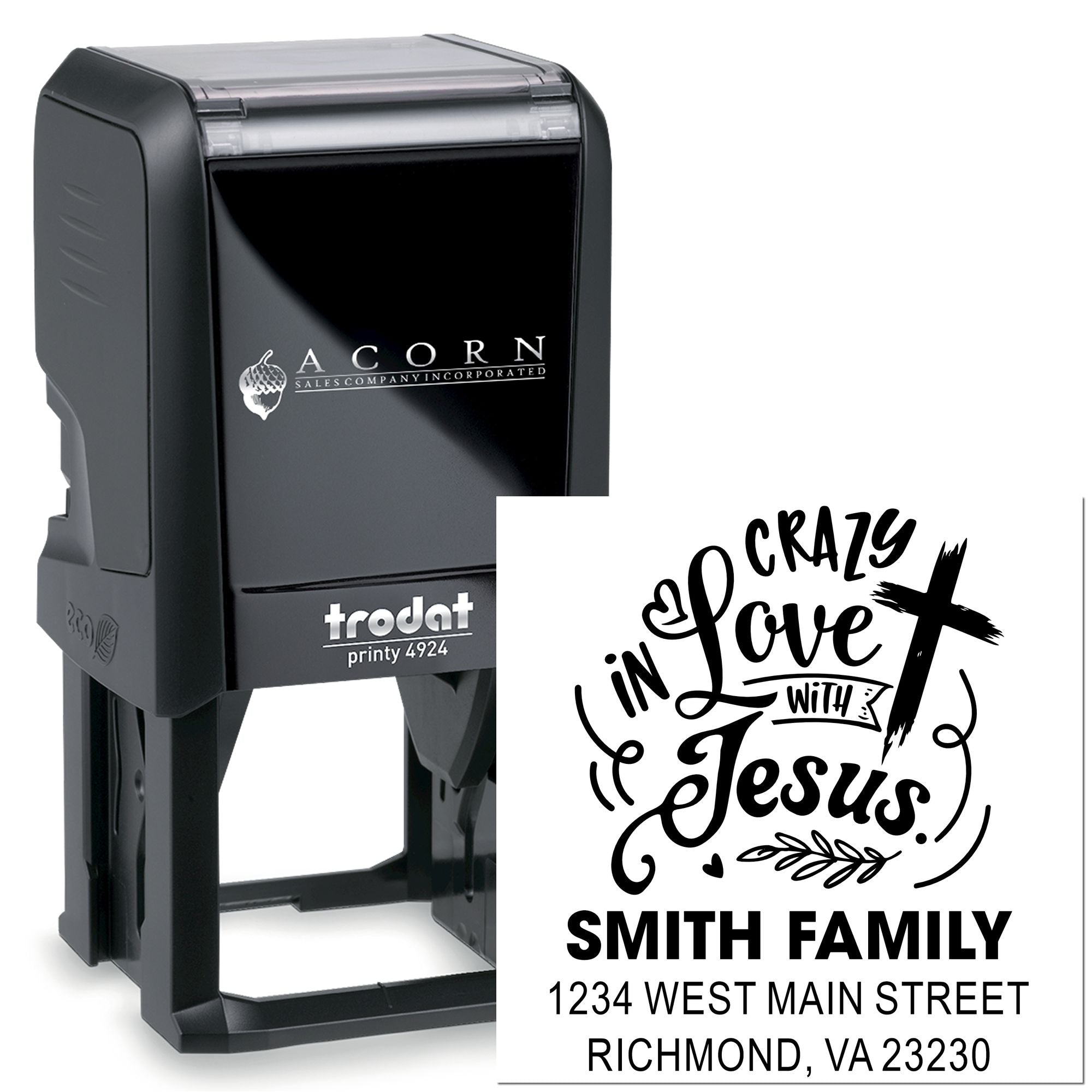 Custom self-inking rubber stamp with Christian family address design, ideal for personalized mailing and gift stamping.