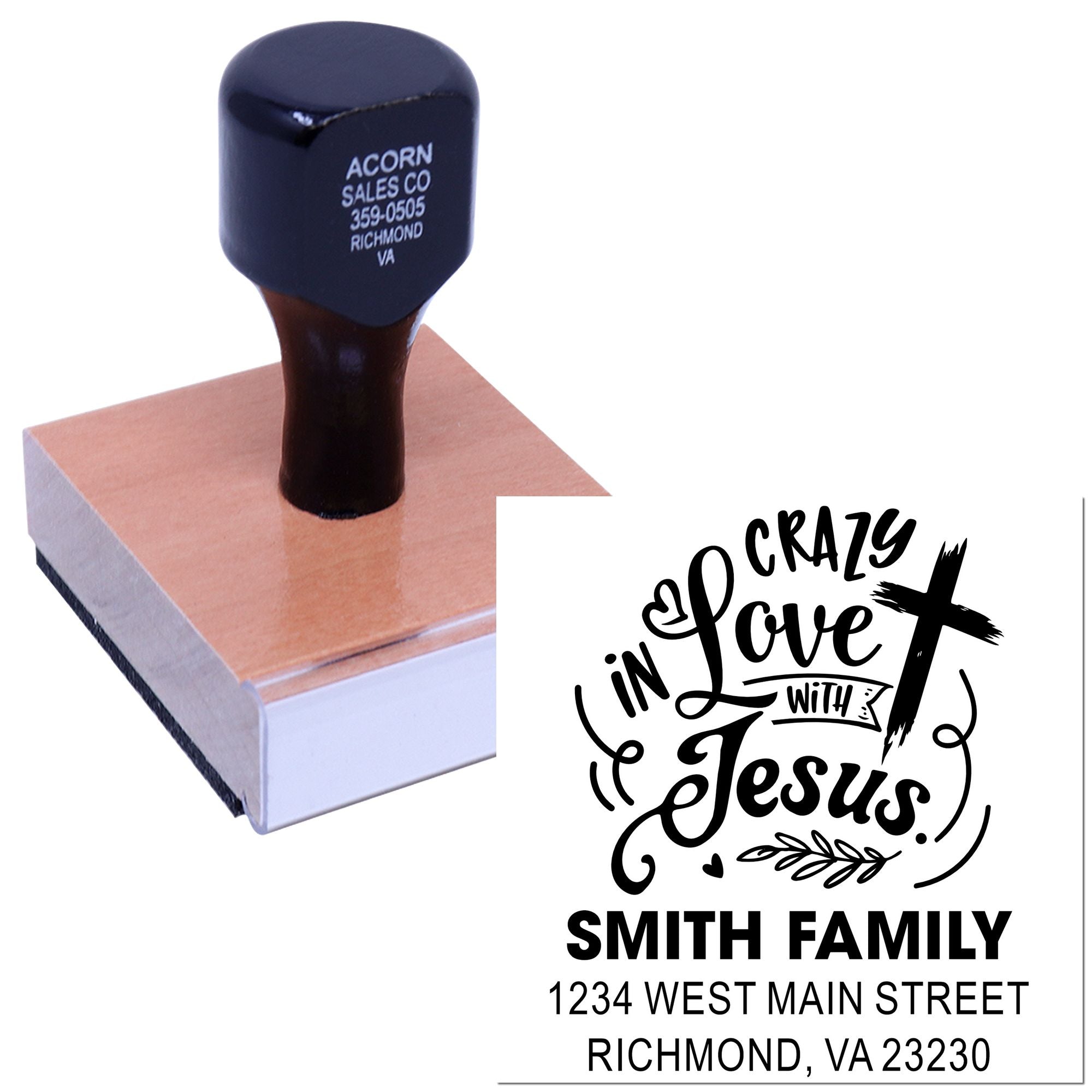Custom rubber address stamp with Crazy in Love with Jesus design for Smith family, Richmond, VA mailing address.