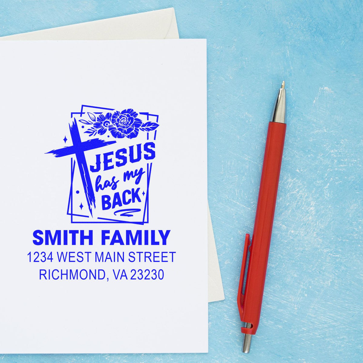 Custom Christian return address rubber stamp with Jesus has my back design for Smith family envelopes.