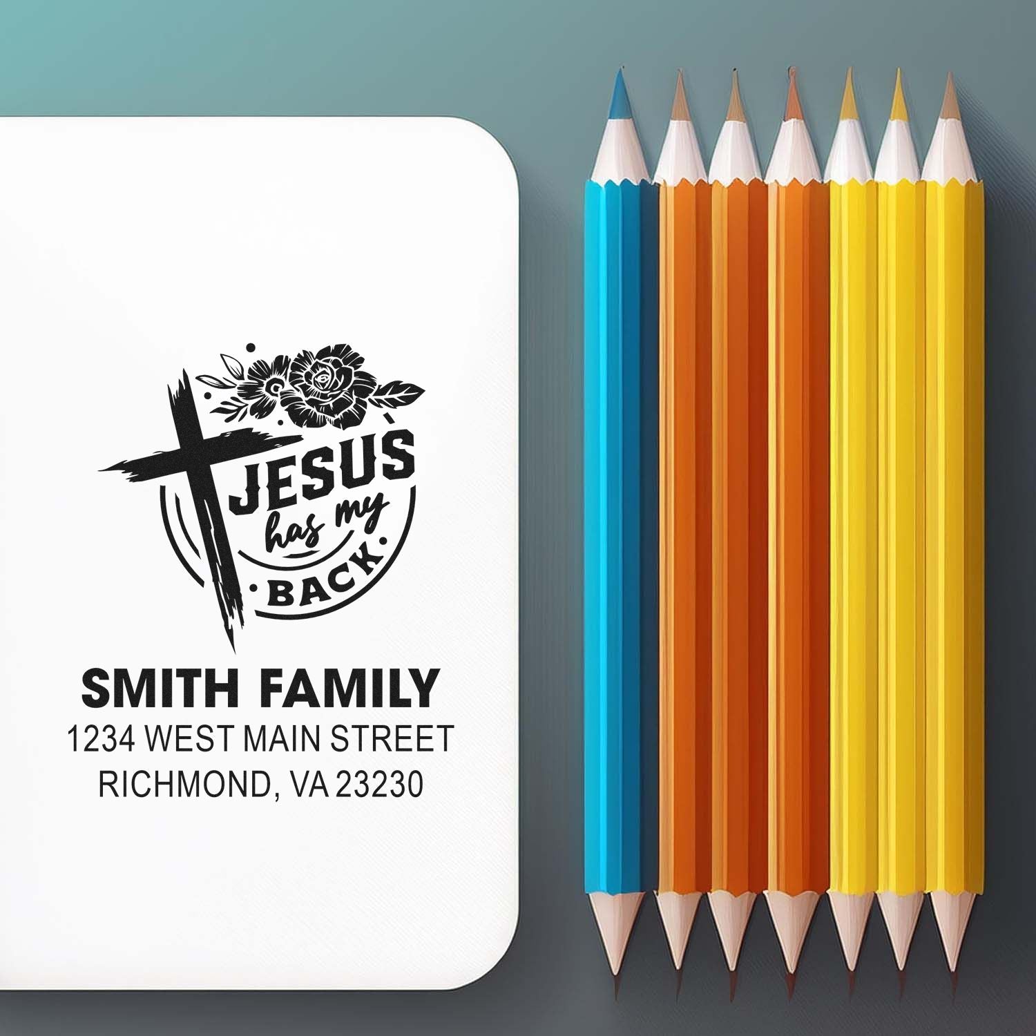 Personalized Christian return address rubber stamp with cross design, Jesus message, and Smith family name for envelopes.