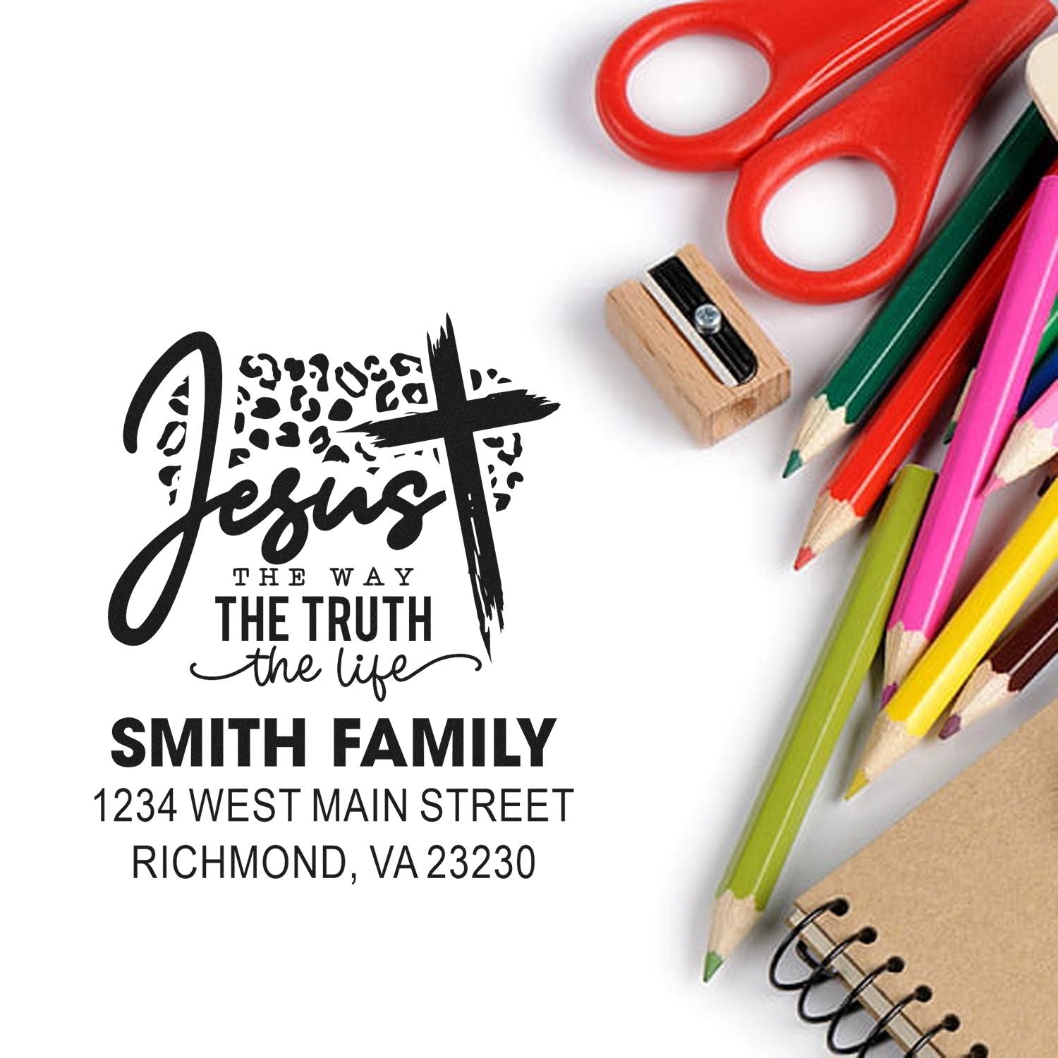 Personalized Christian return address rubber stamp with Jesus quote and Smith Family name for stationery and mailing.