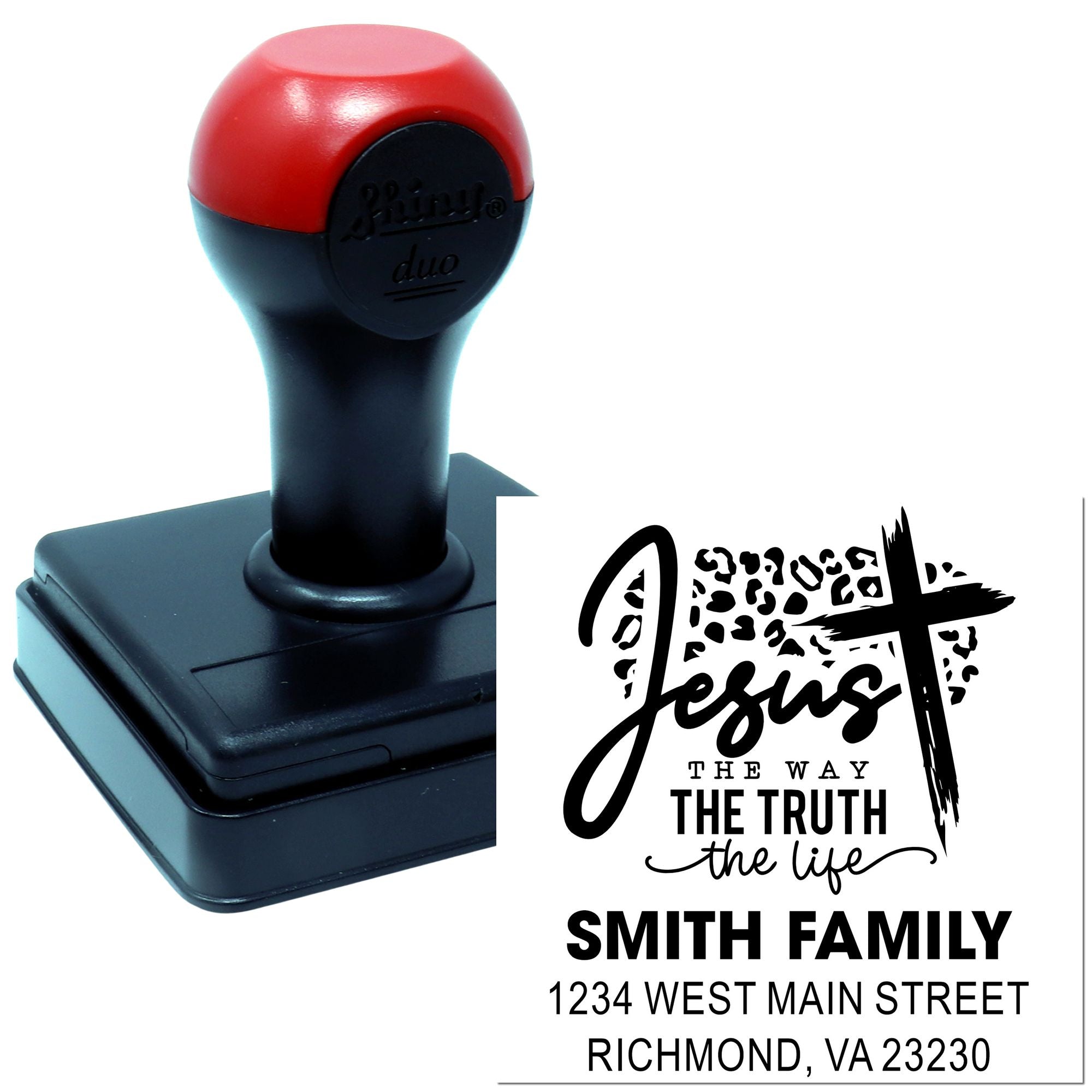 Custom self-inking rubber stamp with Christian return address design for Smith family, featuring Jesus the way, the truth, the life.