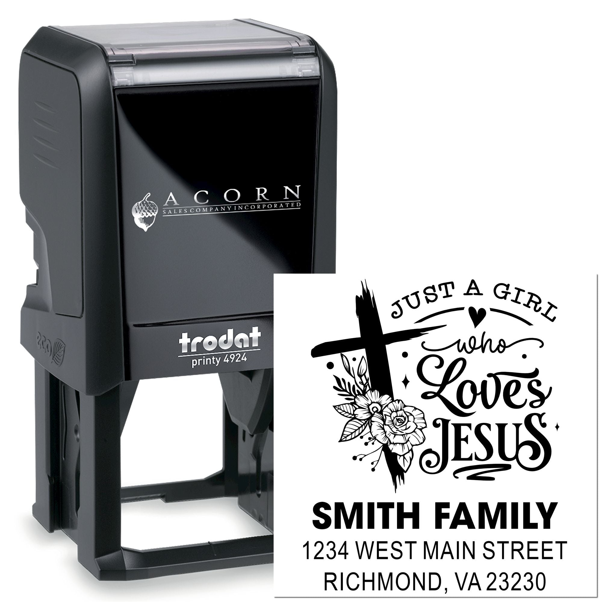 Custom self-inking rubber stamp with religious family name and address for personalized Christian mailing.