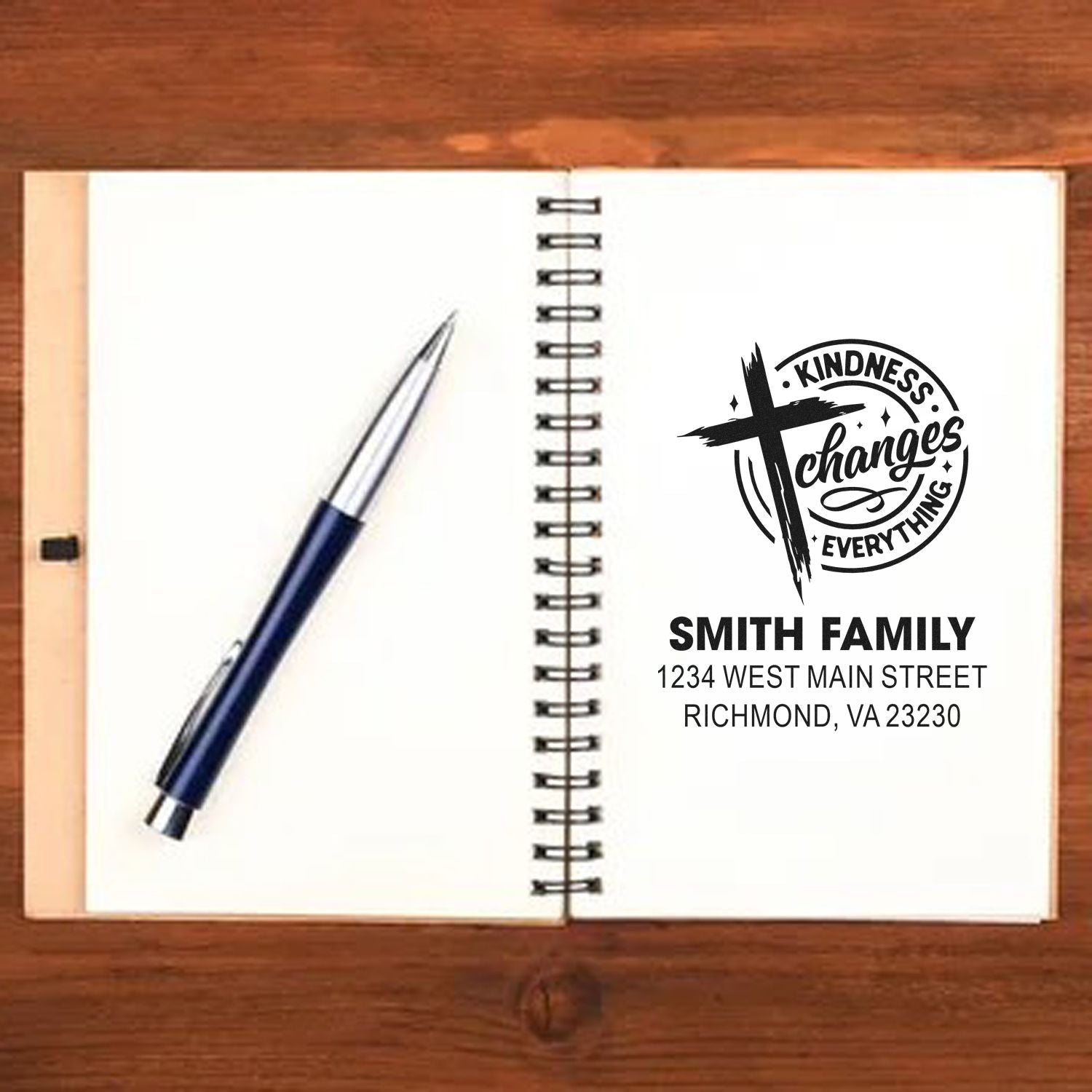 Custom return address rubber stamp mockup with Kindness Changes Everything design for the Smith family.