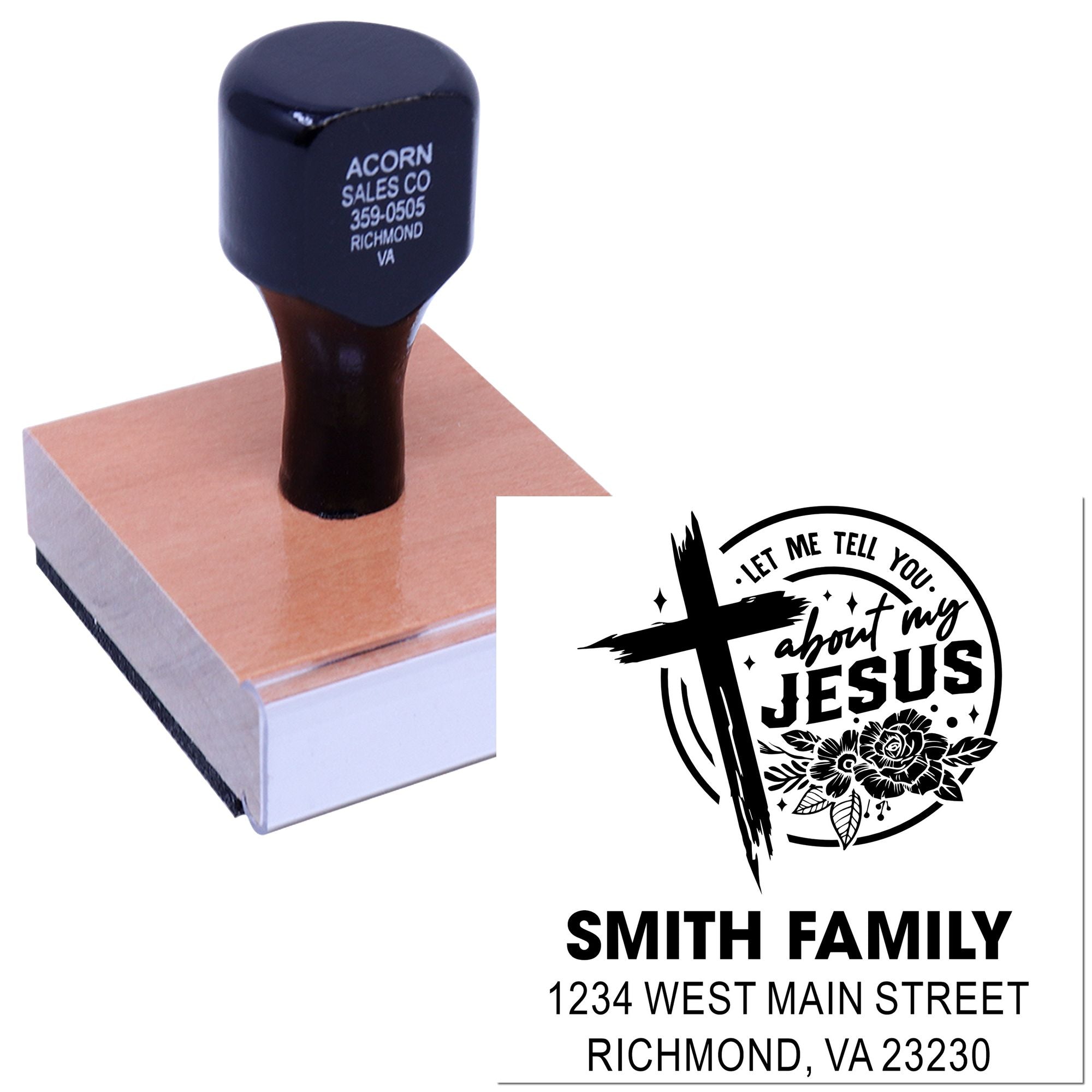 Custom rubber stamp with Christian outreach design and Smith Family address, shown with stamp impression.