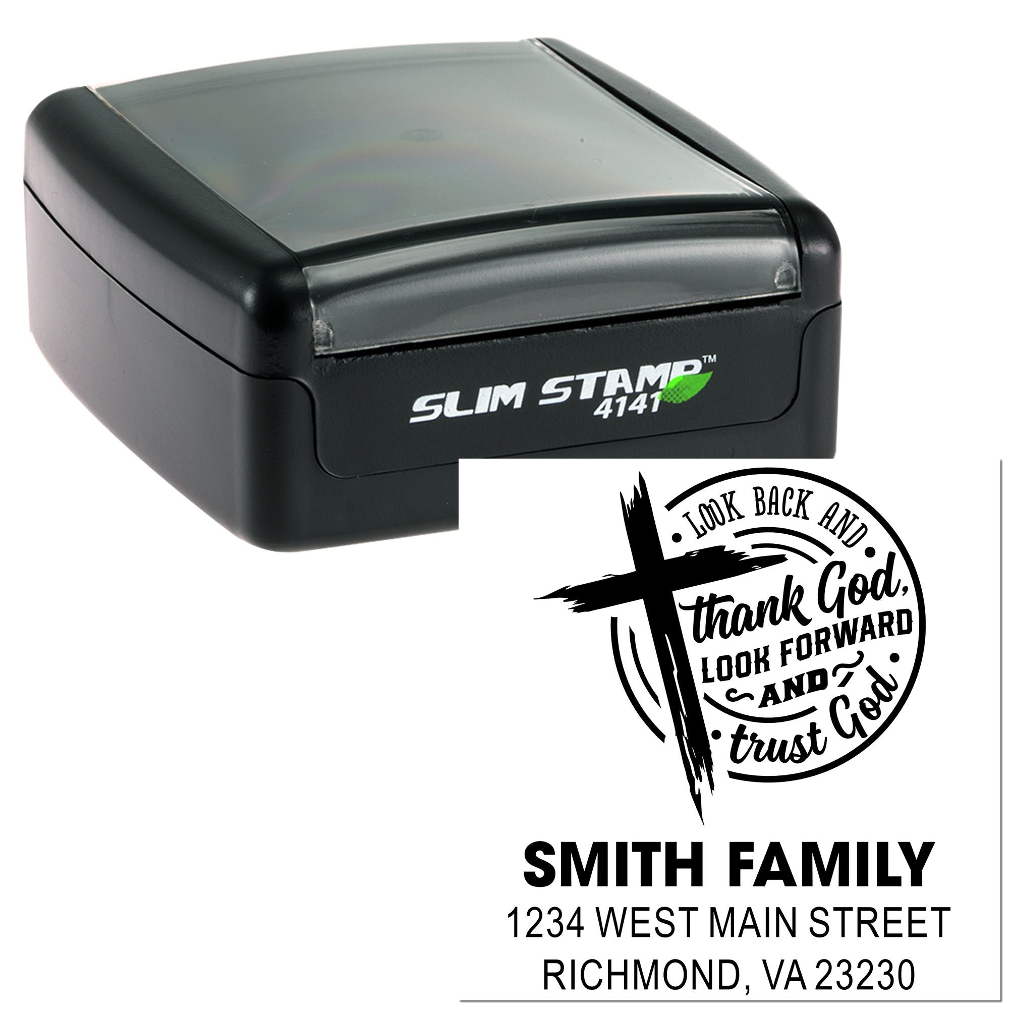 Slim Stamp 4141 self-inking rubber stamp with custom Christian family return address design and cross logo.