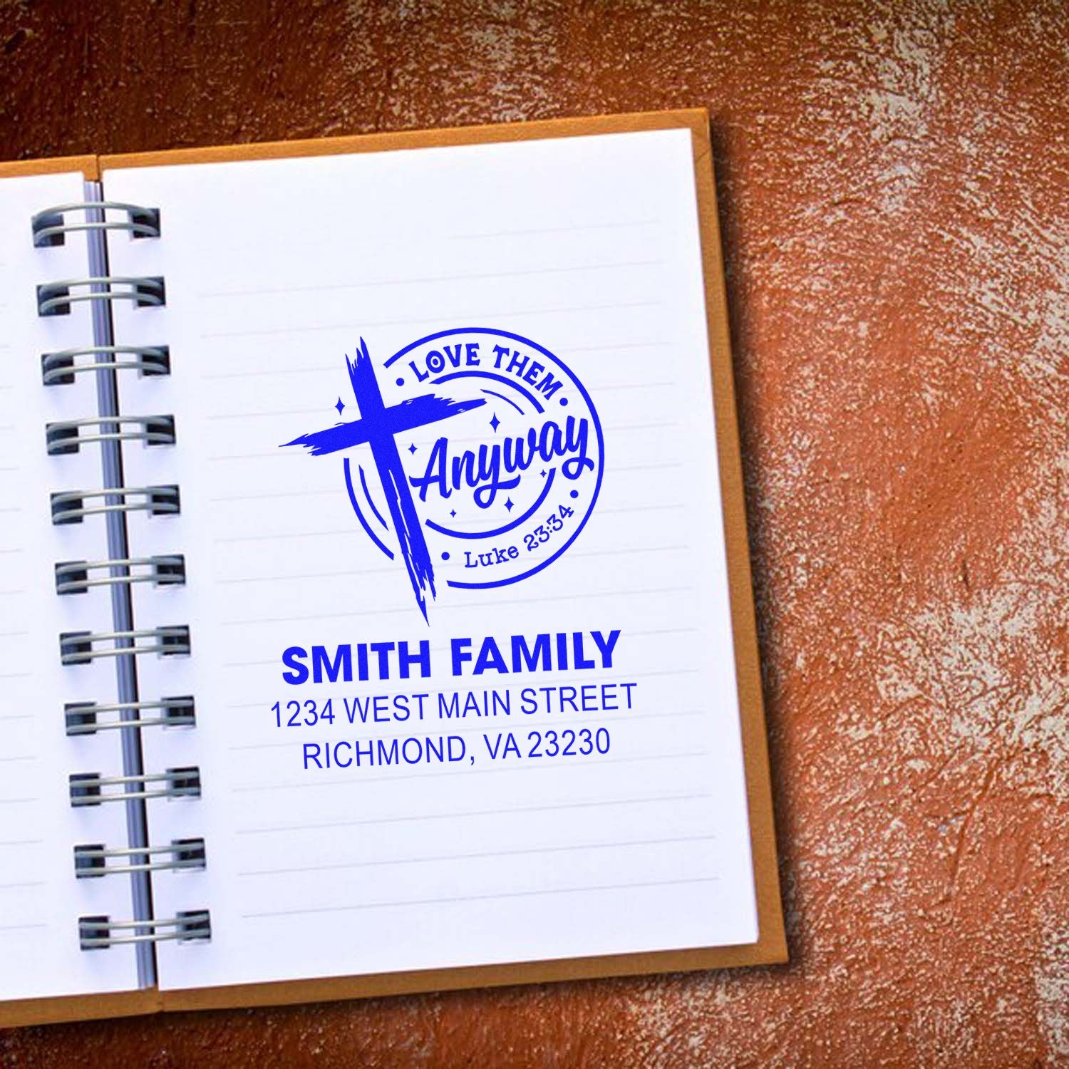 Personalized Christian rubber stamp design with cross, Love Them Anyway Luke 23:34, Smith Family name and address.