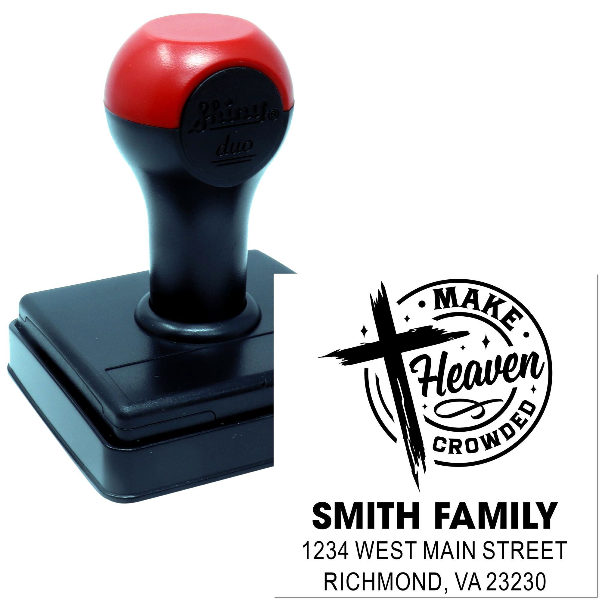 Custom self-inking rubber stamp featuring a Make Heaven Crowded family logo and Smith family address stamp imprint