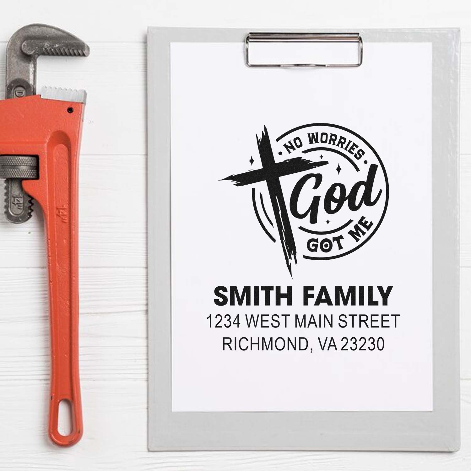 Custom religious address rubber stamp reading No Worries God Got Me for Smith Family, Richmond, VA.