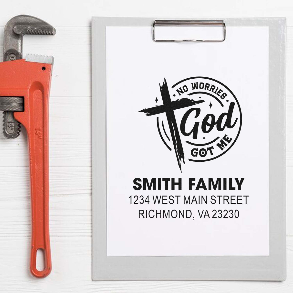 Personalized Christian return address rubber stamp for Smith family, featuring No Worries God Got Me design.
