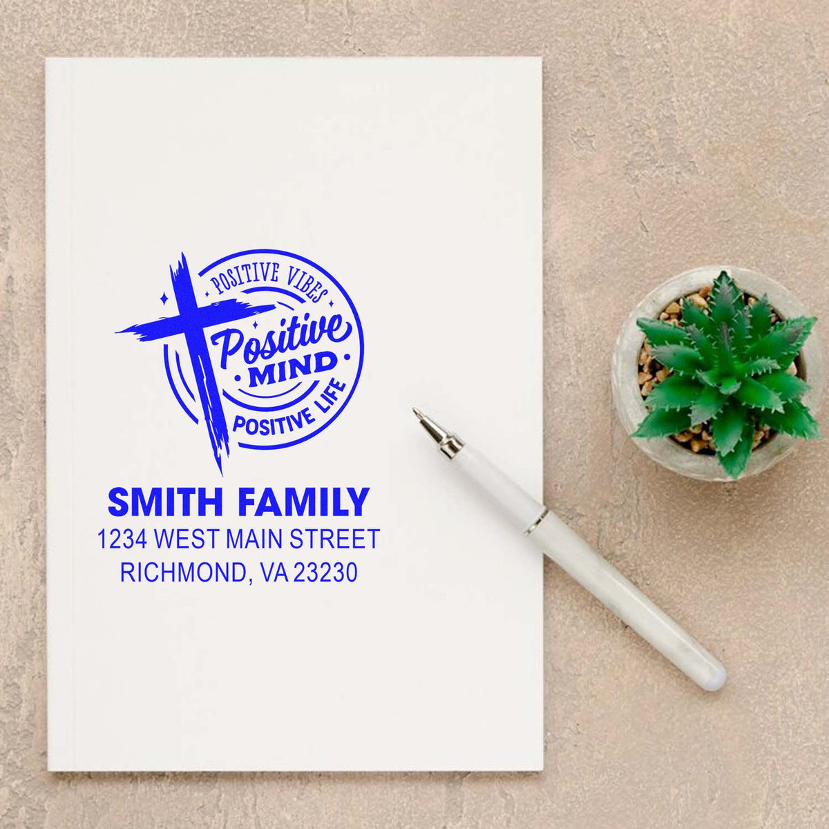 Custom rubber stamp with positive mind, positive vibes design and Smith Family return address for envelopes and stationery.