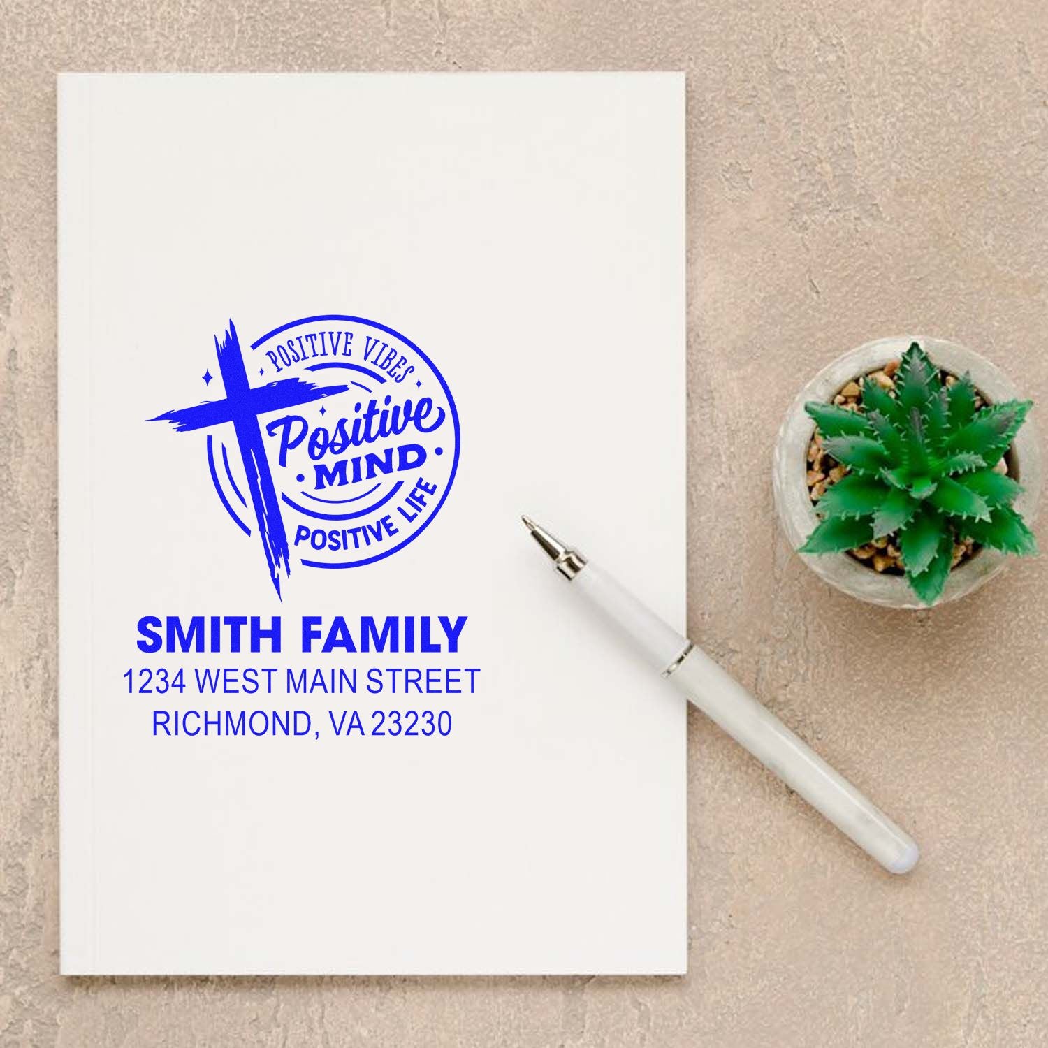 Personalized rubber stamp for Smith family address with Positive Mind, Positive Life logo for stationery and mail.