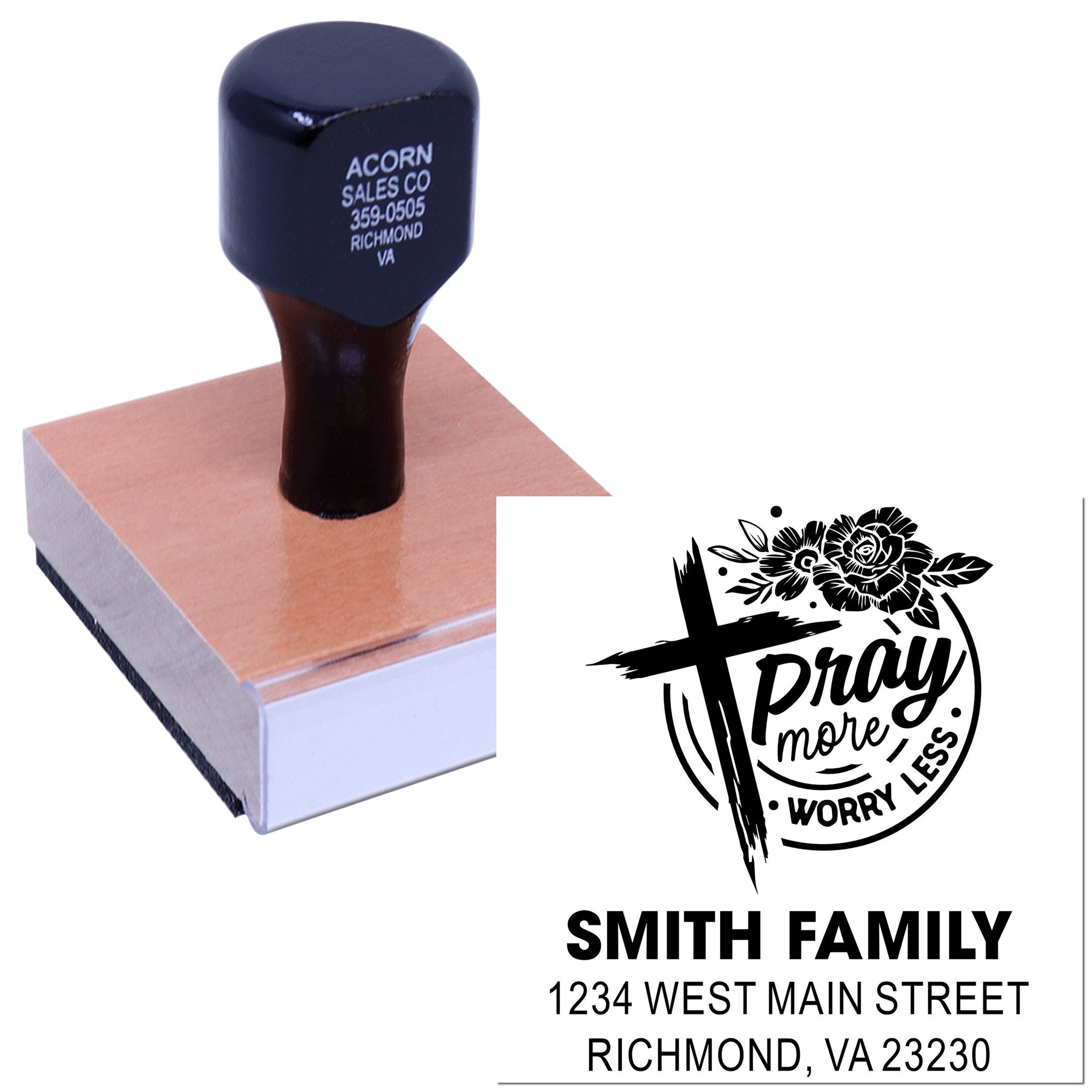 Personalized address rubber stamp with Pray More, Worry Less floral design for Smith Family mailing.