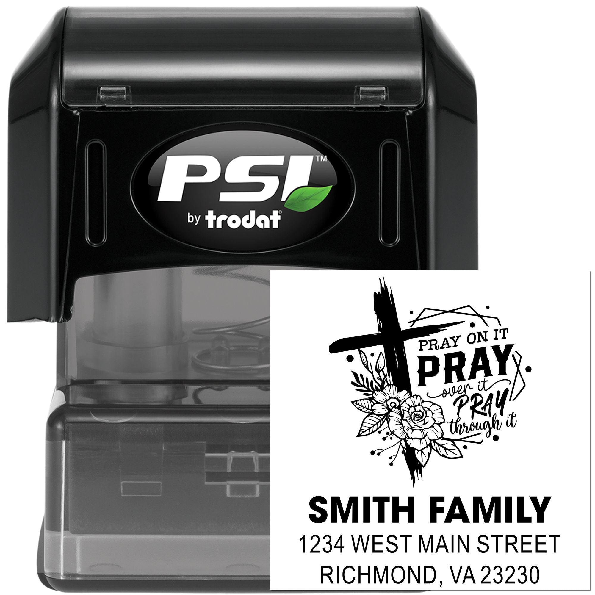 Custom self-inking address rubber stamp with Christian prayer design, Smith Family name, and Richmond, VA address.