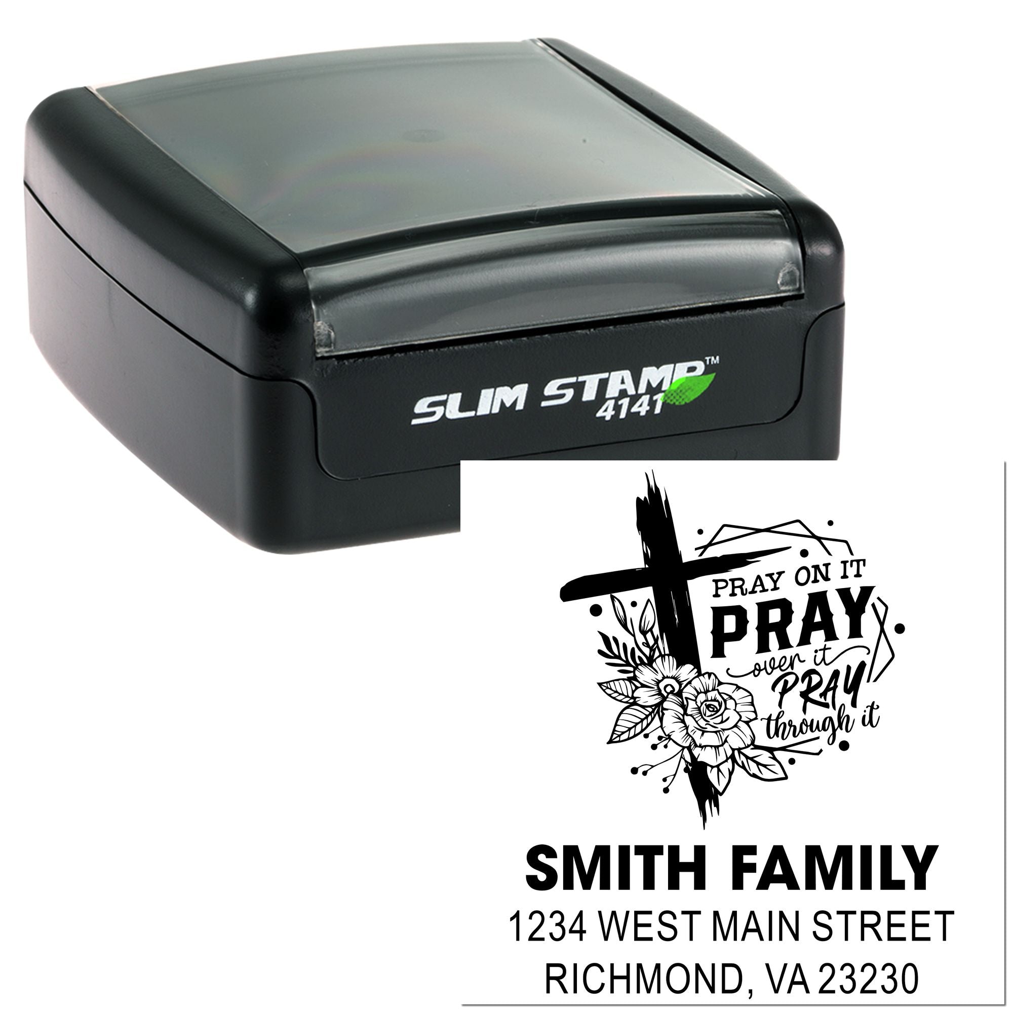Custom self-inking rubber stamp with prayer design, Smith family name, and address for personalized return labels.