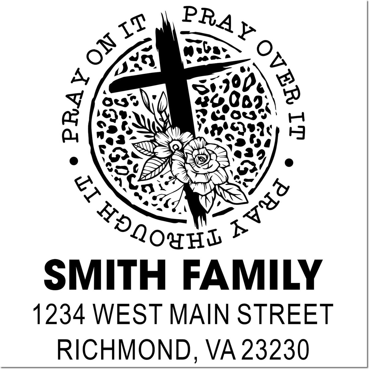 Custom Christian family address rubber stamp with cross and prayer message for Smith Family in Richmond, VA.