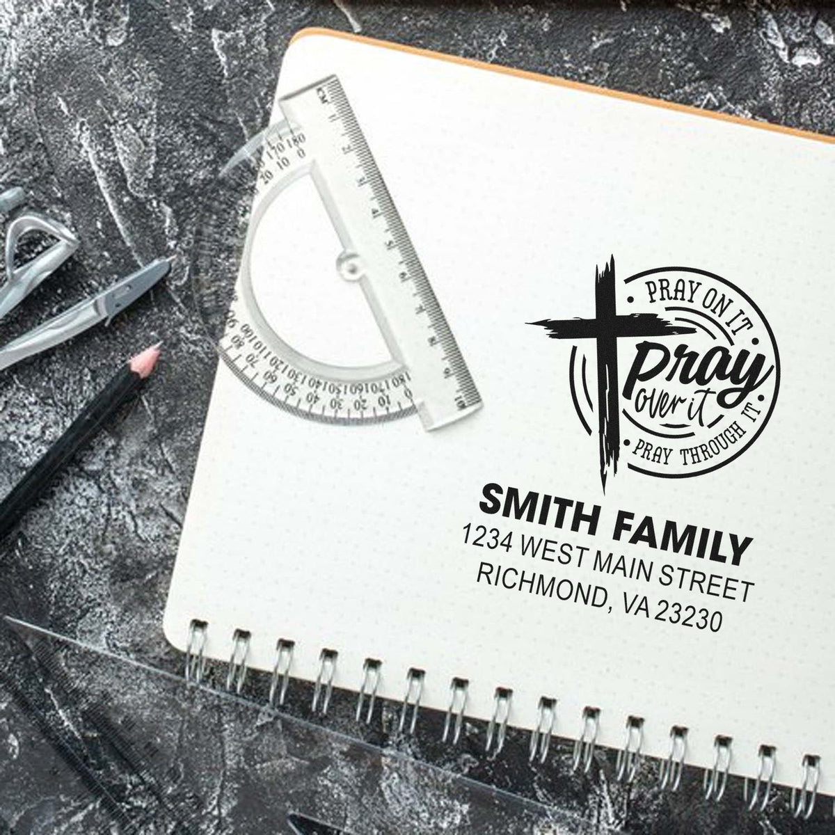 Custom Christian rubber stamp with Pray over it design and Smith family return address for church or personal stationery.