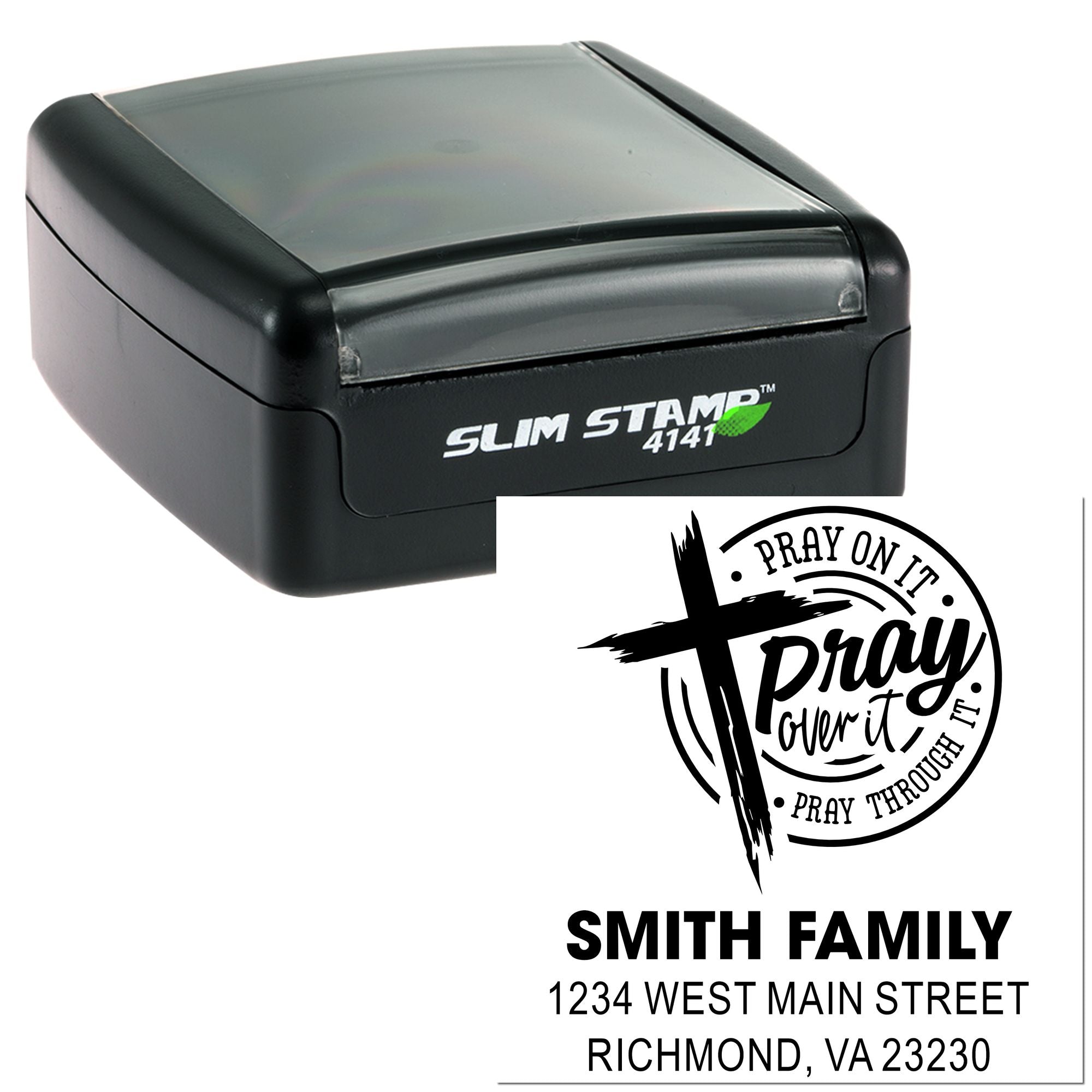 Custom self-inking rubber stamp with Christian cross design and Smith family address for mailing and faith-based correspondence.