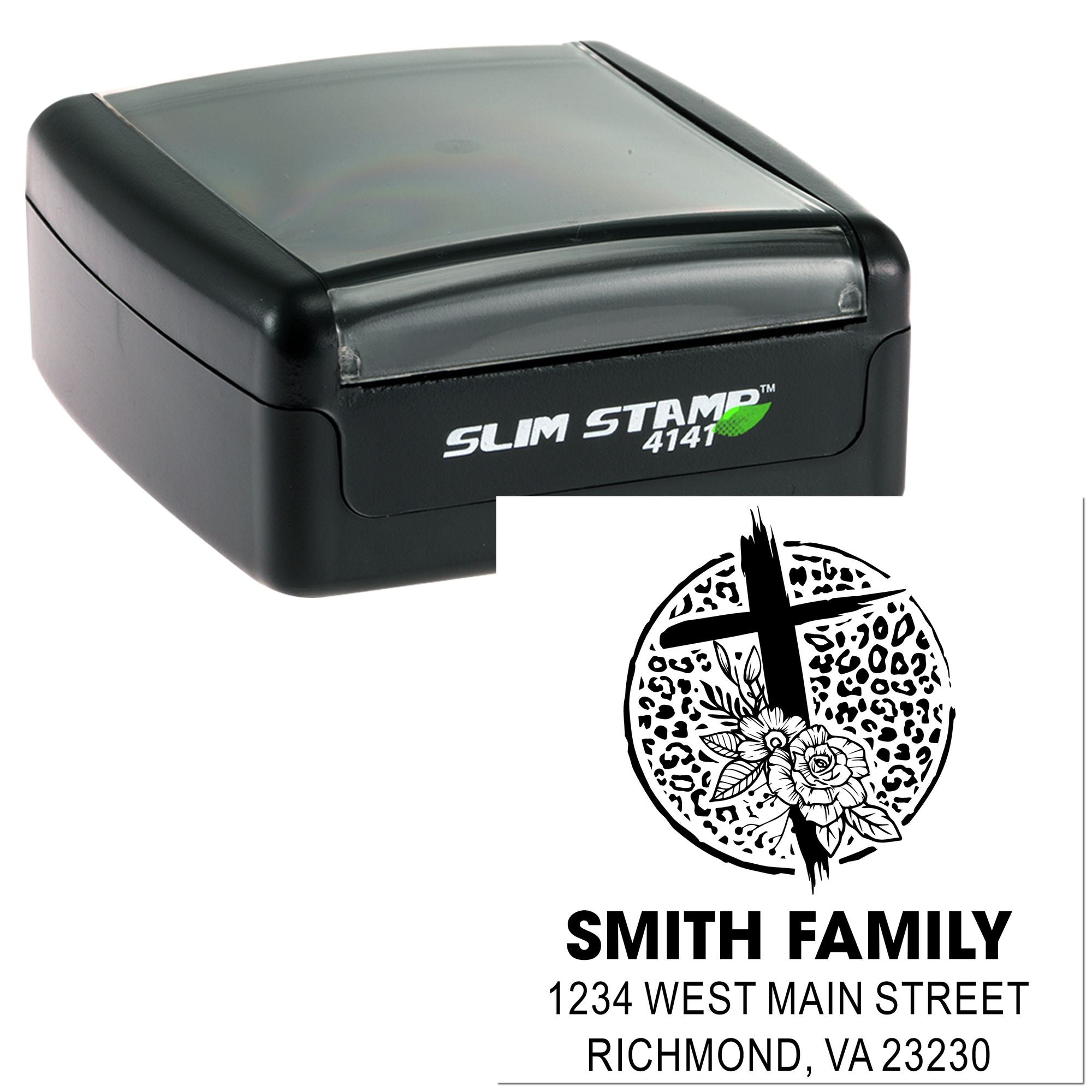 Slim Stamp 4141 custom self-inking return address rubber stamp with Smith Family floral cross design.