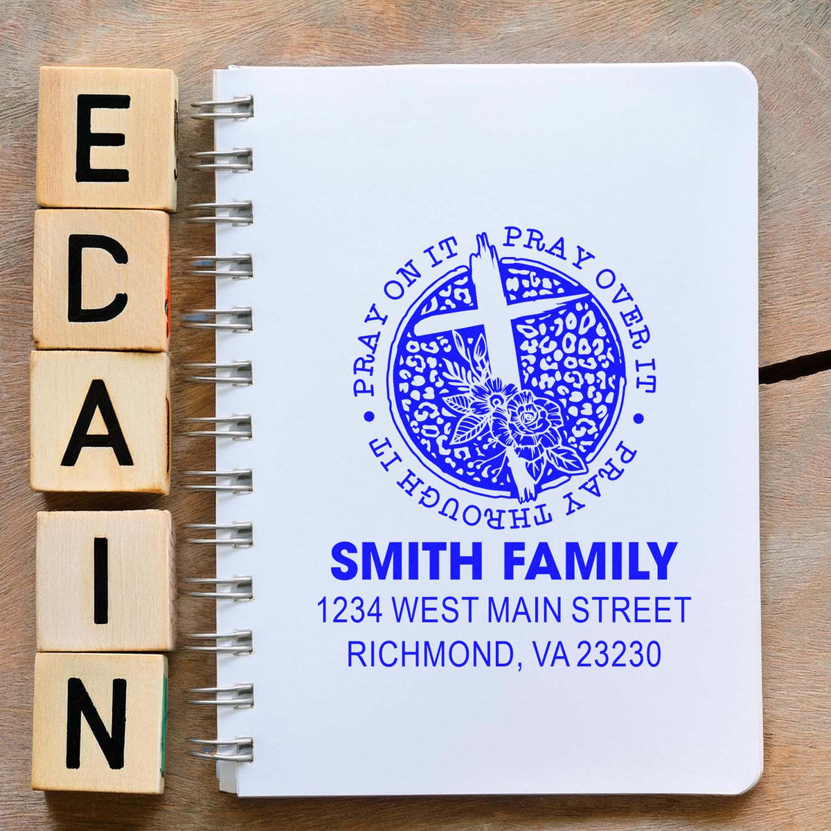 Custom Christian family address rubber stamp with prayer design and Smith Family return address.