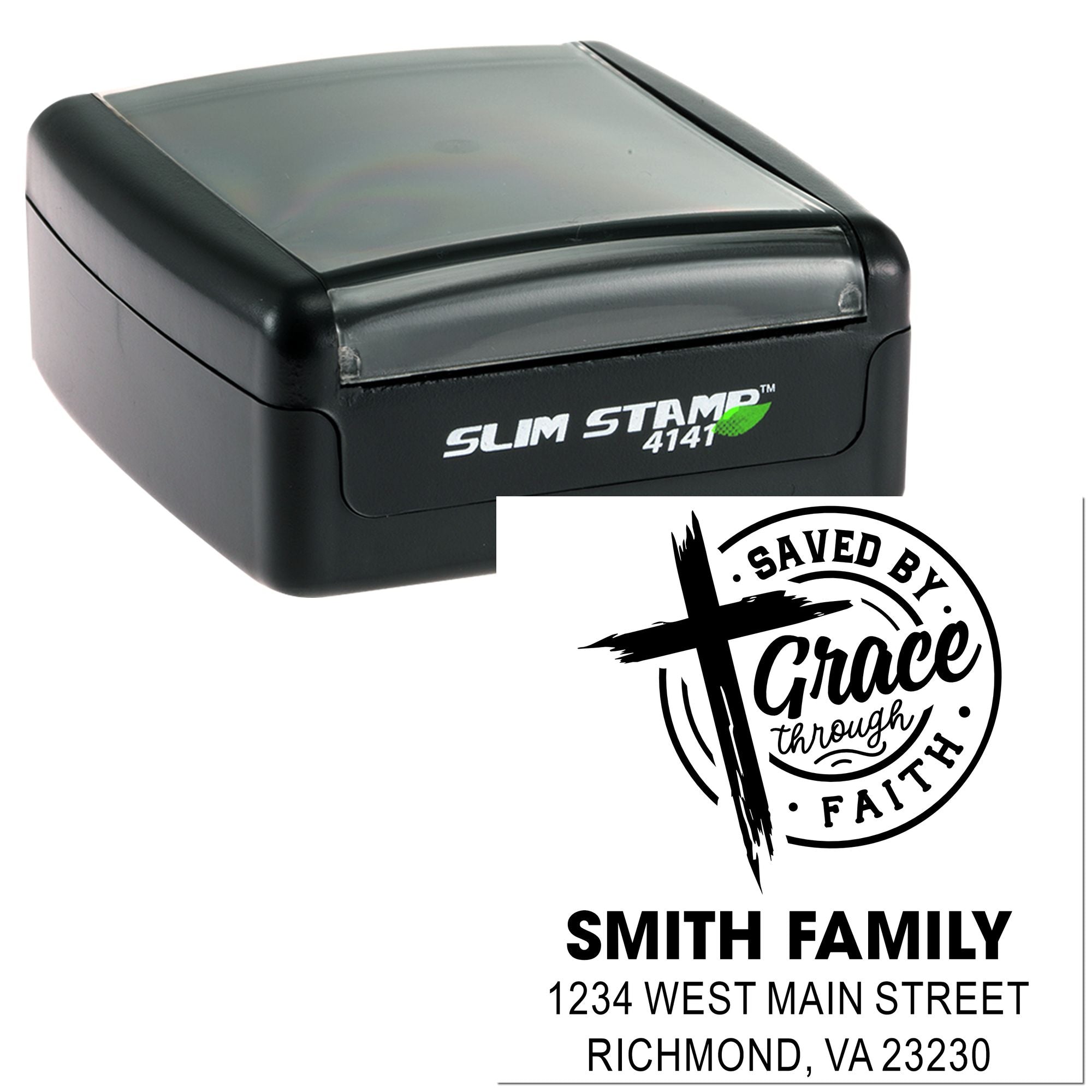 Custom self-inking rubber stamp for Smith family return address with Saved by Grace through Faith church design