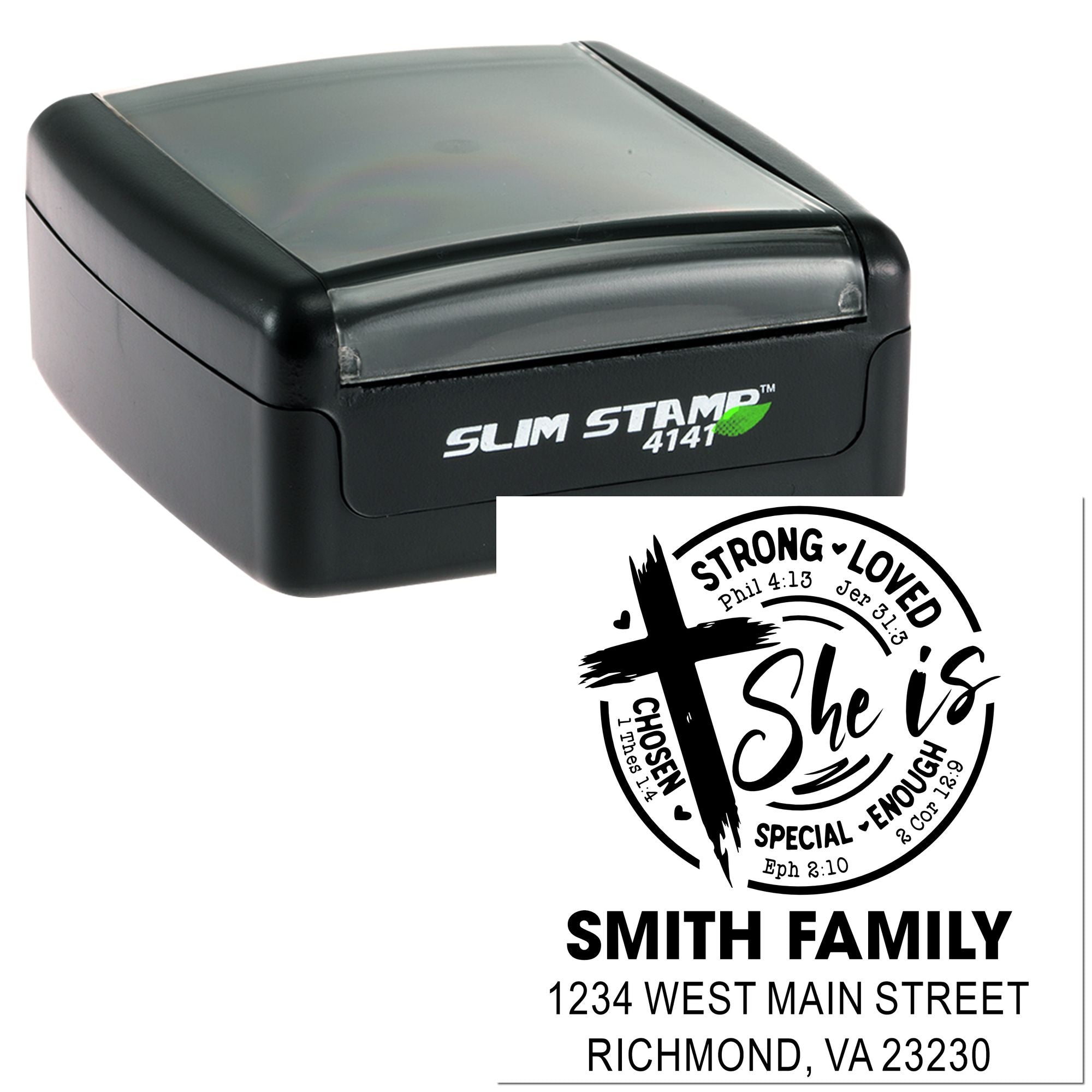 Custom Slim Stamp 4141 self-inking rubber stamp with personalized family address and Bible verse design