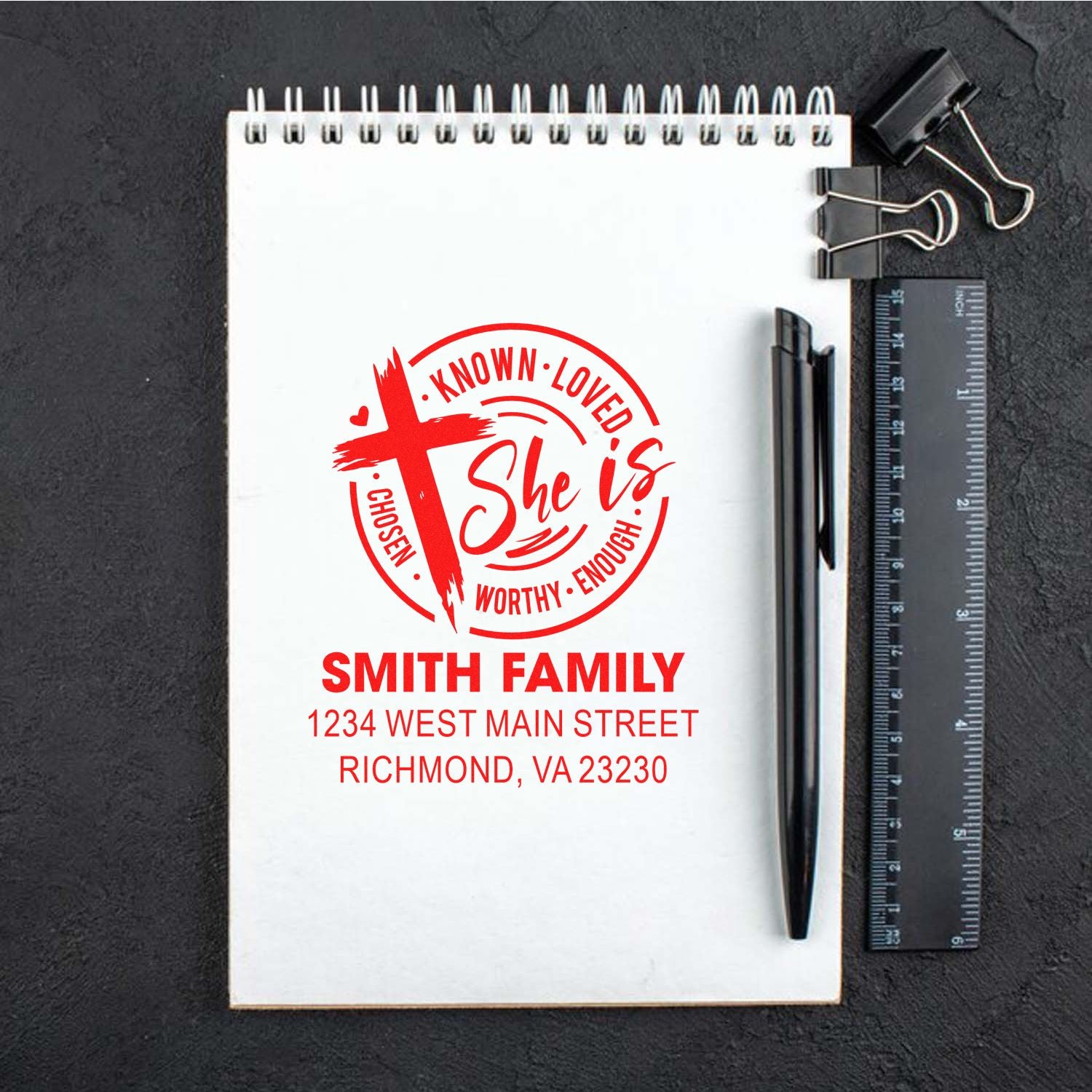 Personalized Christian rubber stamp with She Is design, Smith family name, and address for stationery or gifts.
