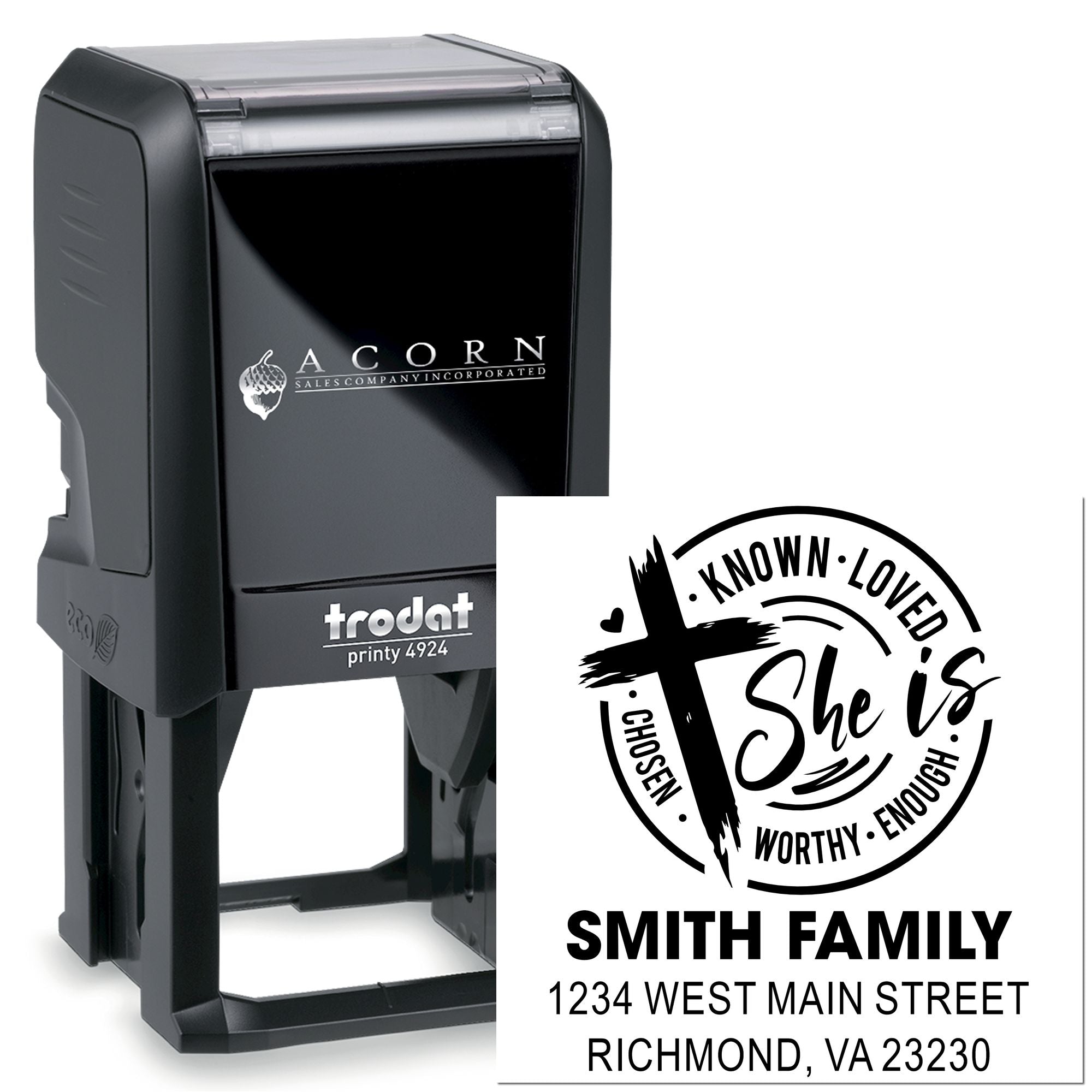 Custom Trodat self-inking rubber address stamp with Christian family design and Smith Family return address sample.