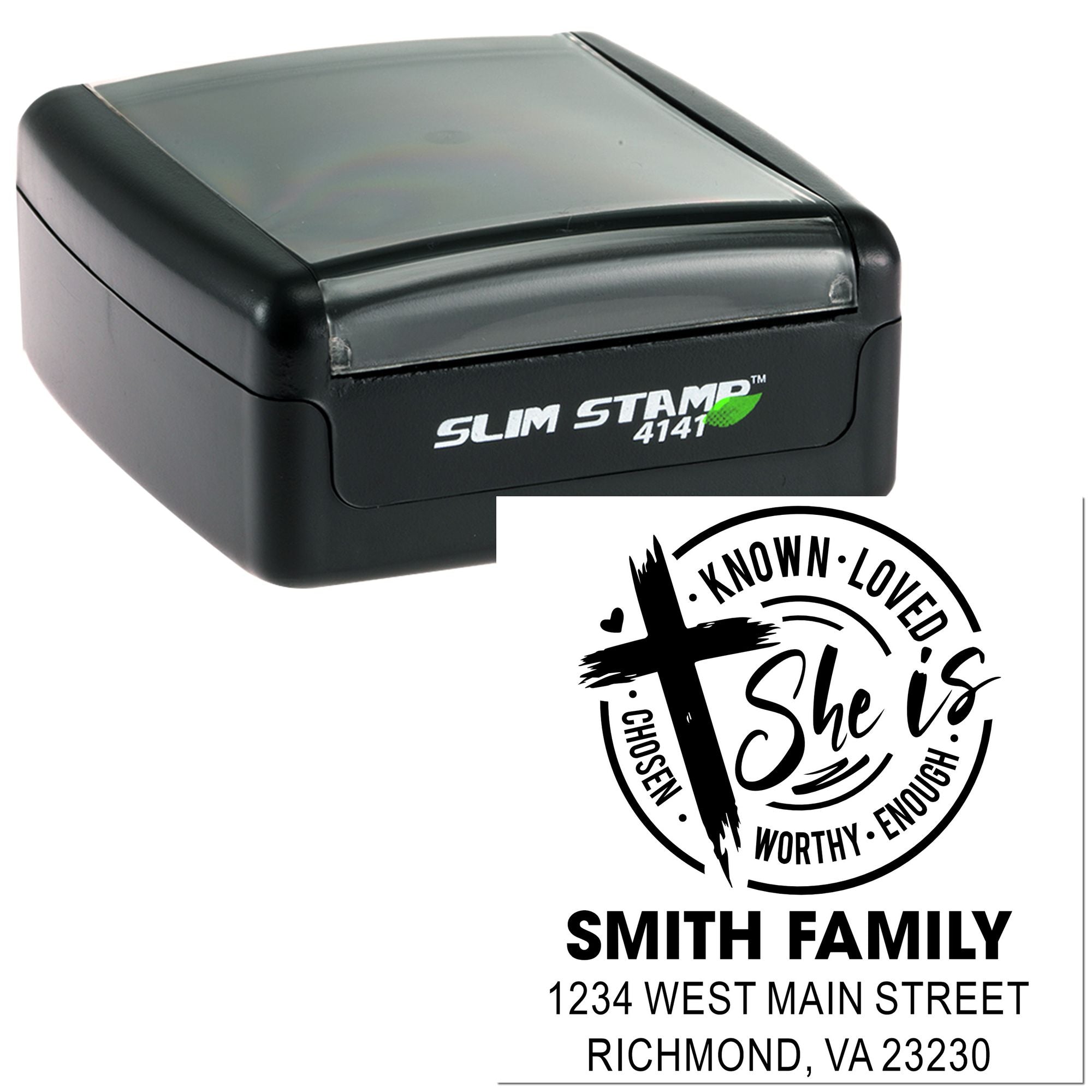 Custom self-inking rubber stamp for family return address labels with inspirational She is design and address imprint.