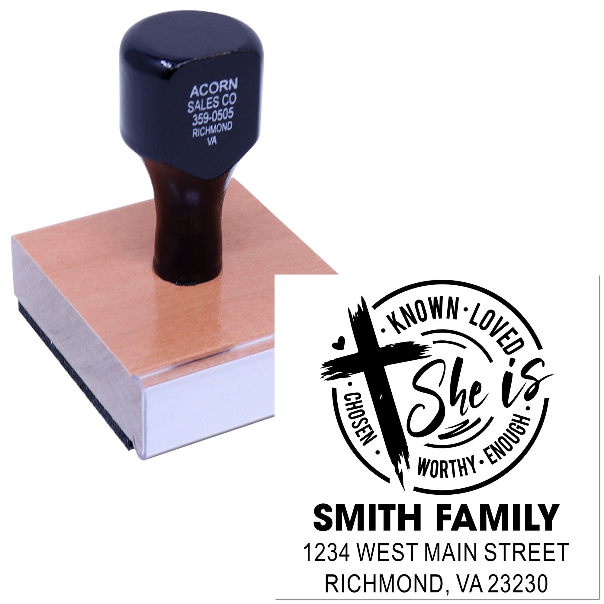 Custom rubber stamp with Smith Family return address and She Is design for personalized mailing labels and stationery.