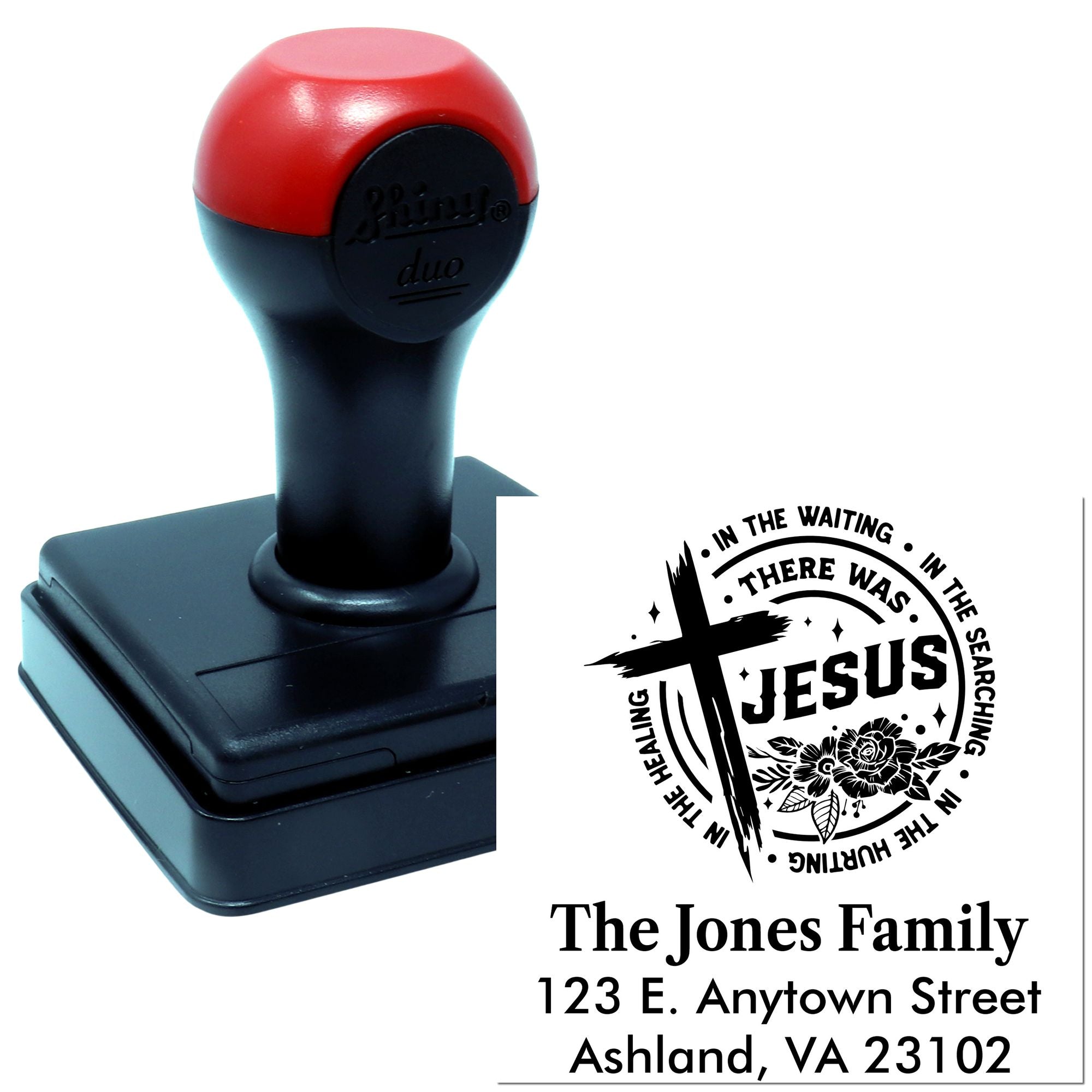Custom self-inking Christian address rubber stamp with Jesus cross design for The Jones Family, Ashland VA 23102