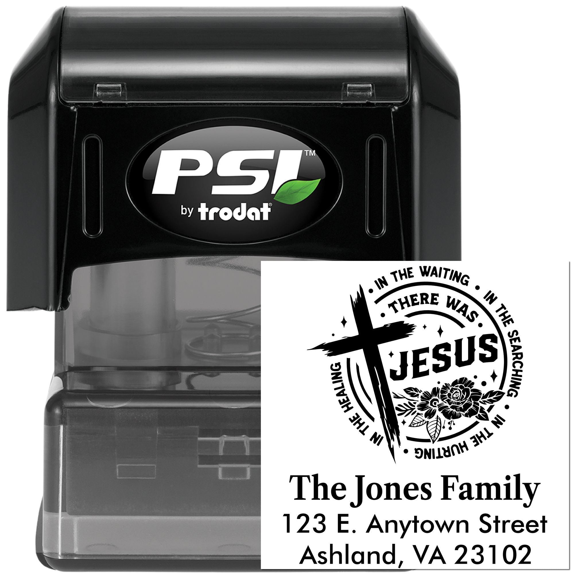 Custom self-inking rubber stamp with cross and Jesus design, The Jones Family address stamp by PSI Trodat.