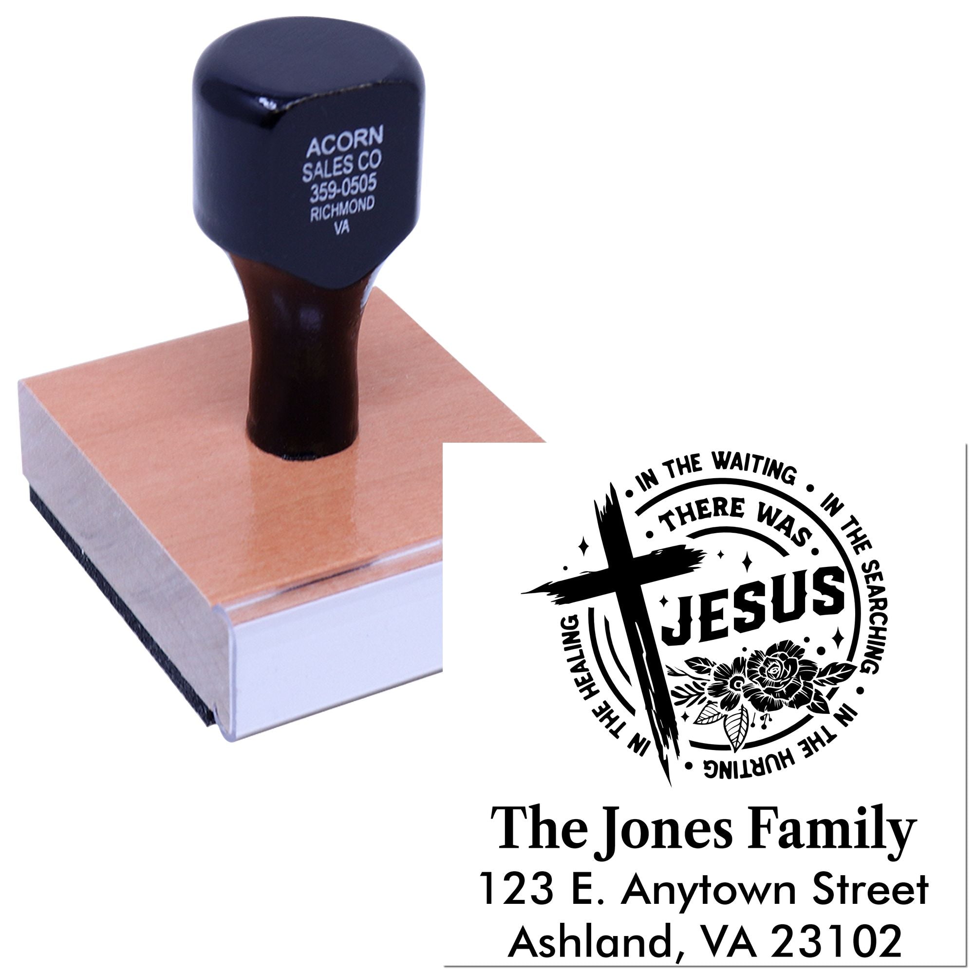 Personalized Christian address rubber stamp with There Was Jesus design for family mailings and church gifts.