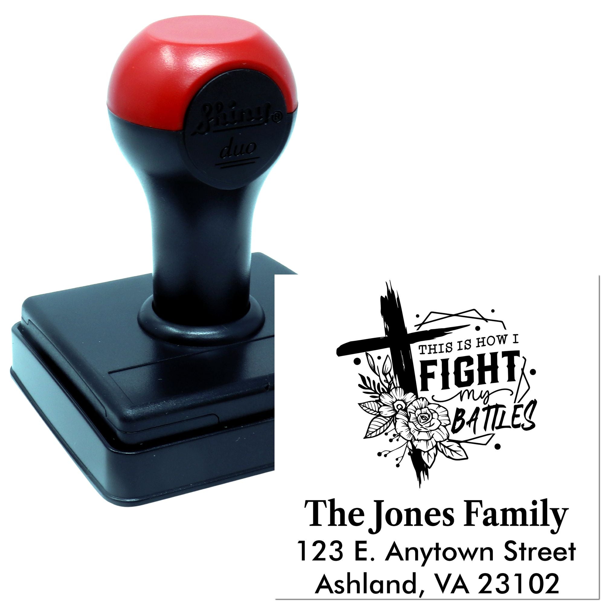 Custom self-inking rubber stamp for return addresses, featuring an inspirational faith design and personalized family name and address.