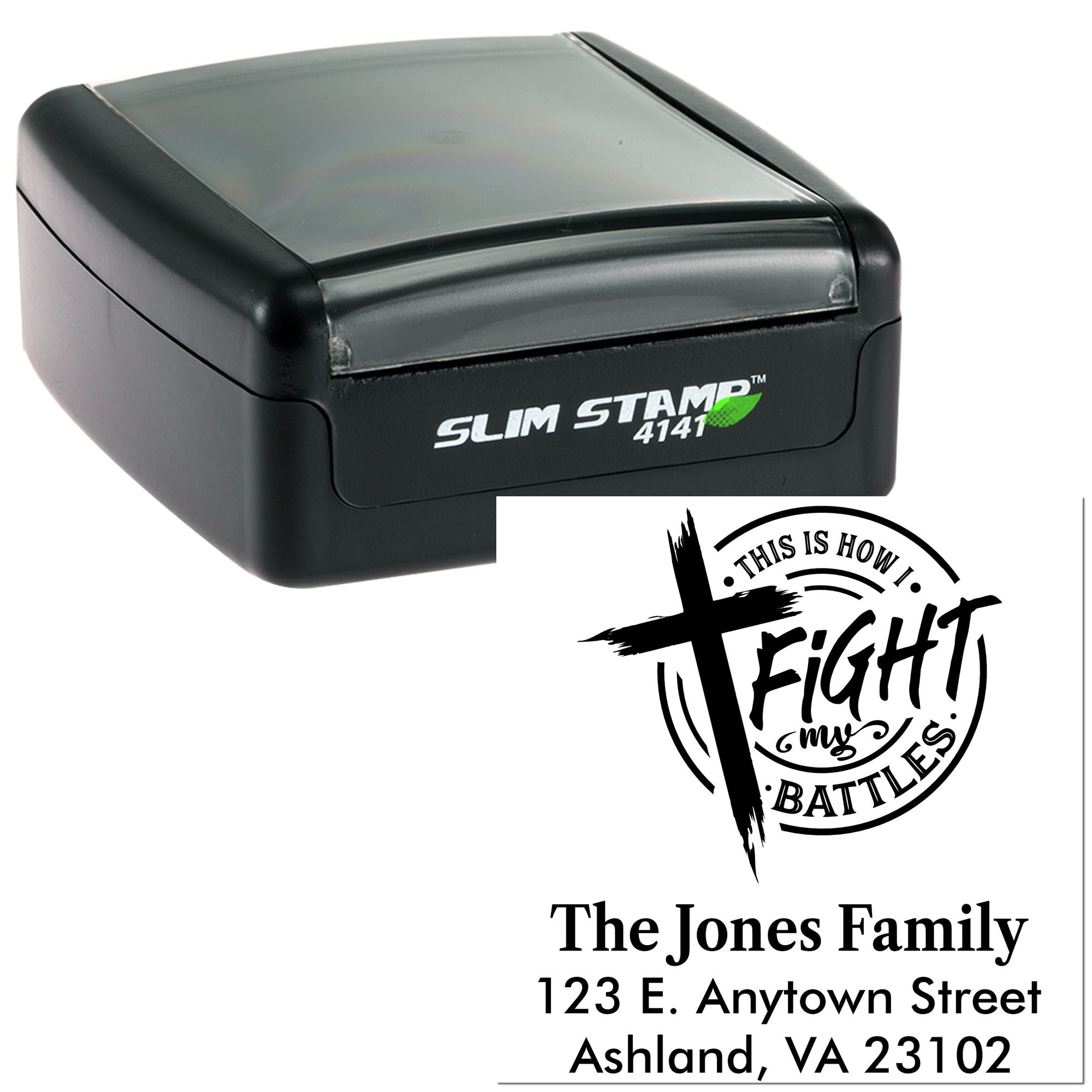 Custom self-inking rubber address stamp with inspirational family design for The Jones Family return address.