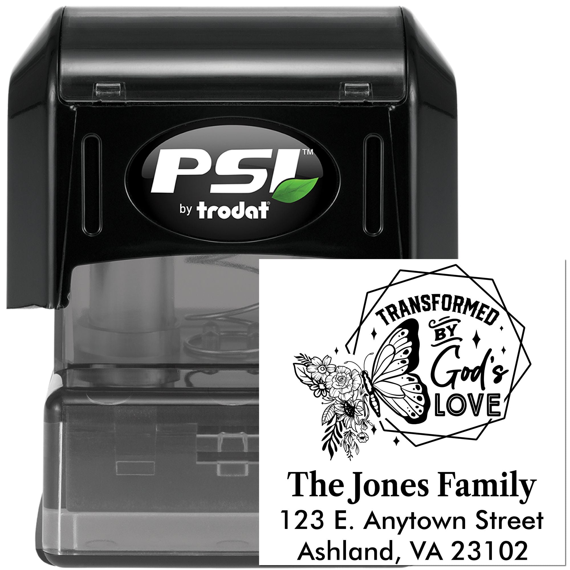 Custom Christian self-inking rubber stamp by PSI Trodat with Transformed by Gods Love family address design.