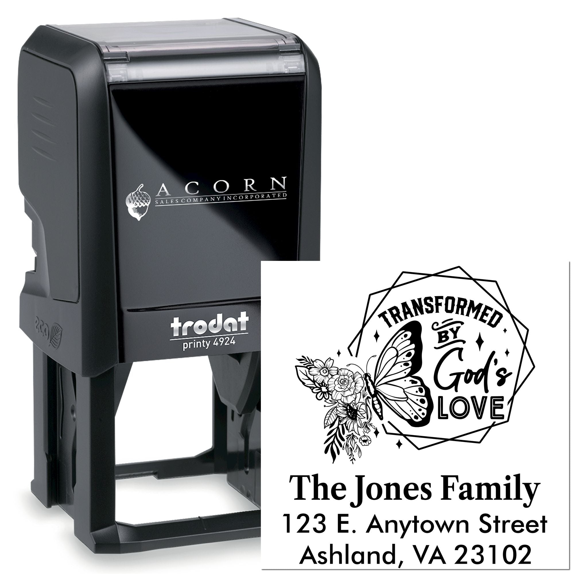 Custom self-inking rubber stamp with butterfly family return address design for personalized mail, envelopes, and branding