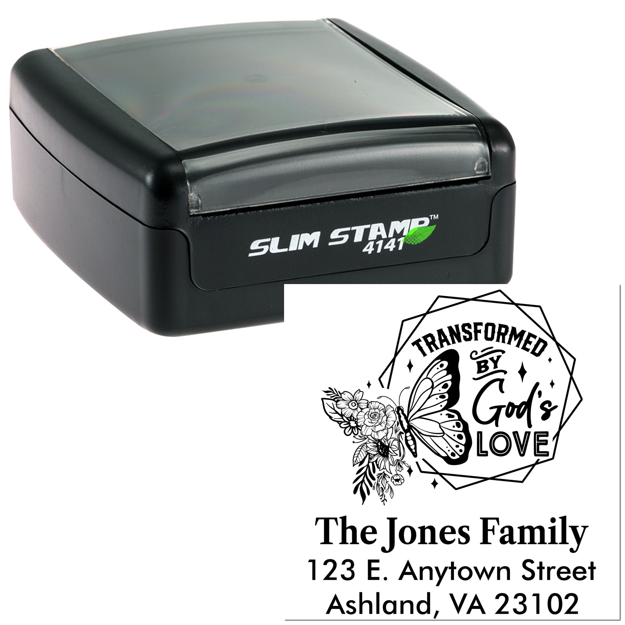 Slim self-inking rubber stamp with custom butterfly faith design and The Jones Family return address, Ashland VA.