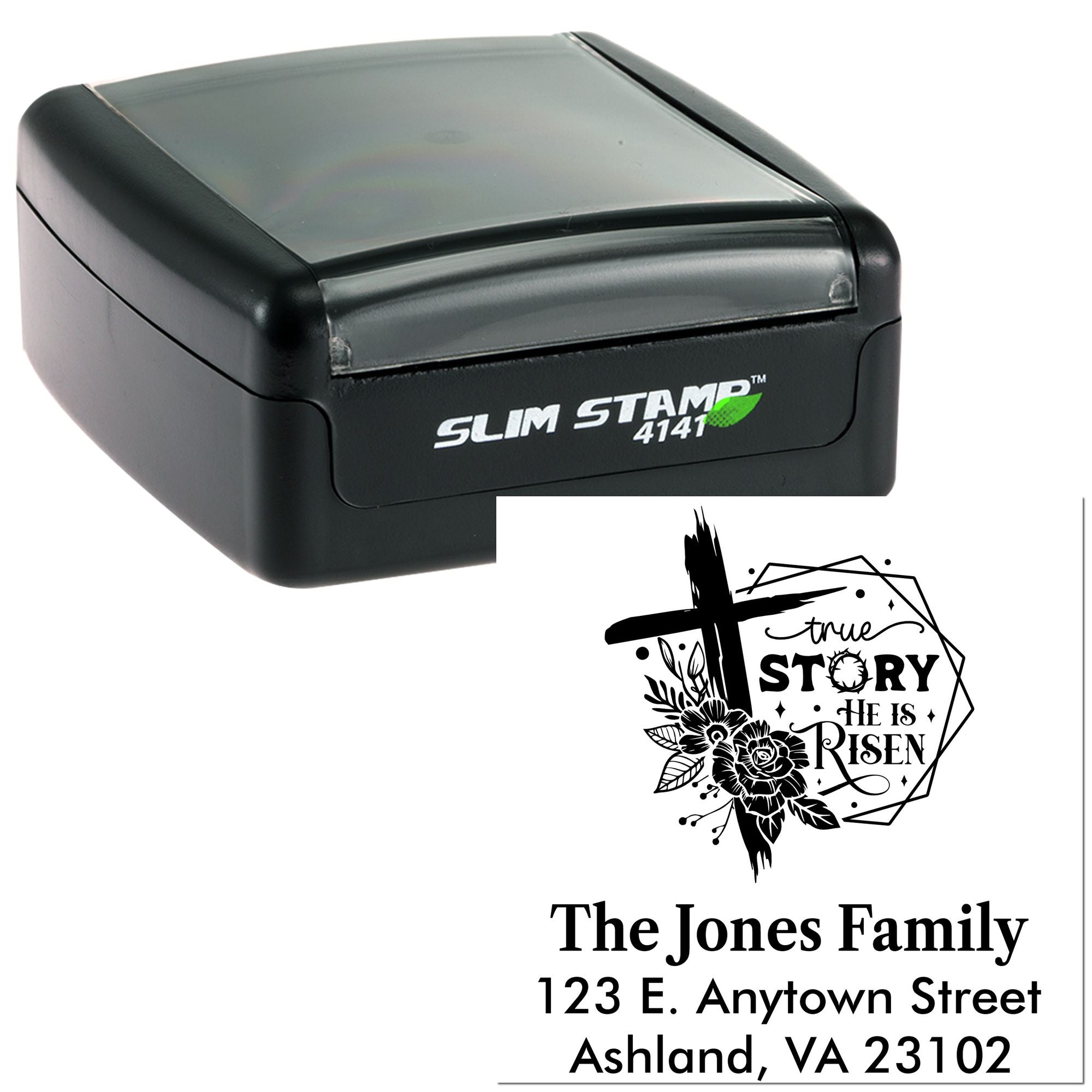 Custom slim rubber stamp with Christian return address design, featuring He Is Risen, The Jones Family, and Ashland, VA address.